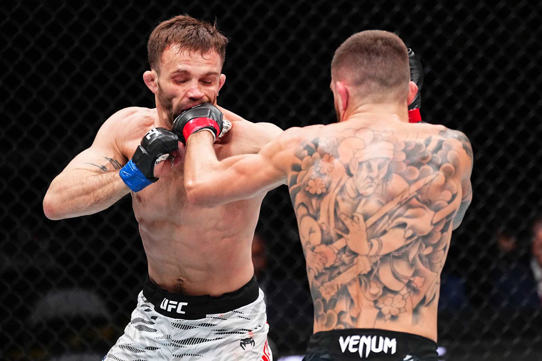 EDMONTON, ALBERTA - NOVEMBER 02: (R-L) Serhiy Sidey of Ukraine punches Garrett Armfield in a bantamweight fight during the UFC Fight Night event at Rogers Place on November 02, 2024 in Edmonton, Alberta. (Photo by Jeff Bottari/Zuffa LLC)
