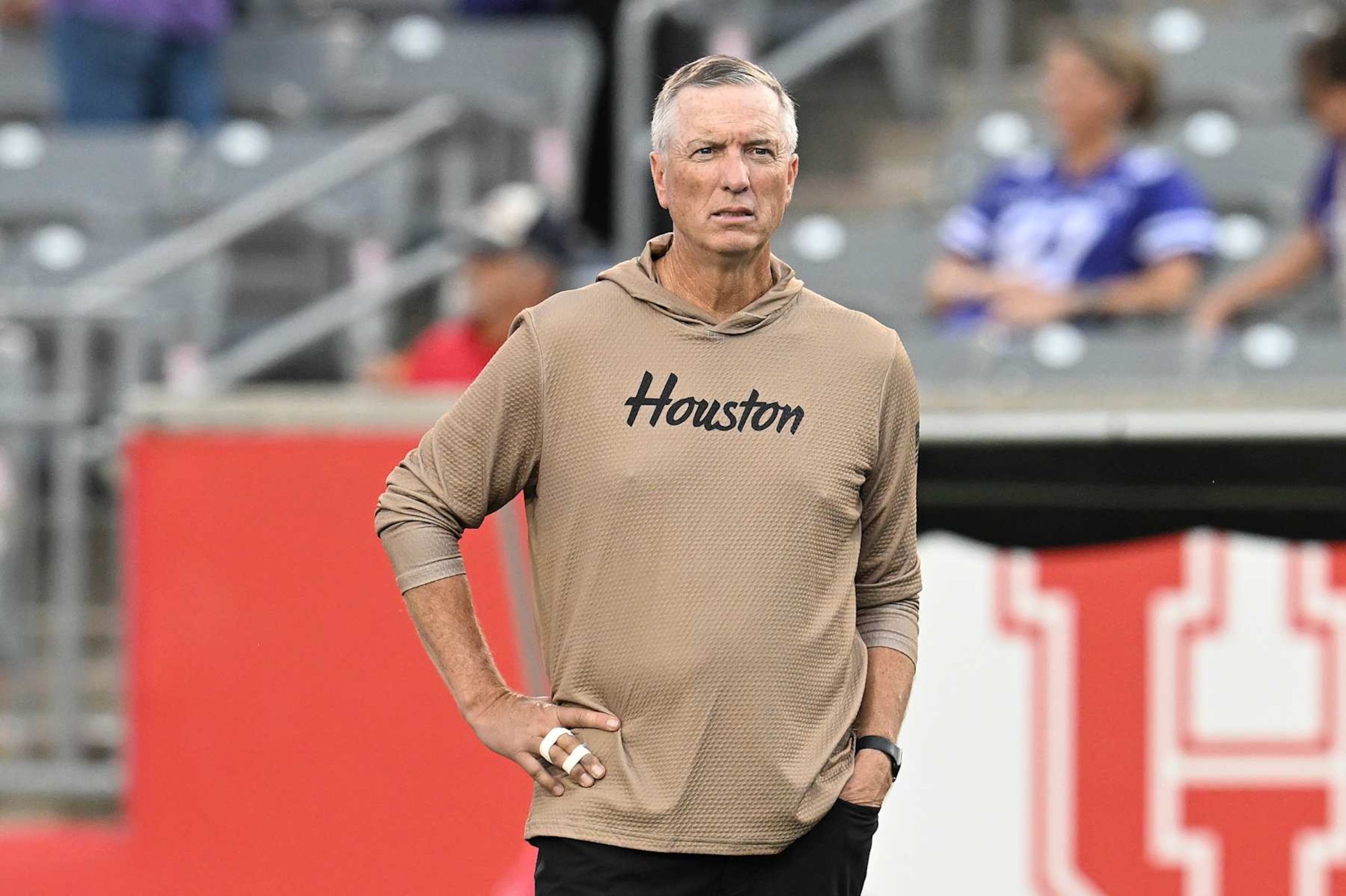HOUSTON, TEXAS - NOVEMBER 02: Head coach Willie Fritz of the Houston Cougars looks on prior to the game against the Kansas State Wildcats at TDECU Stadium on November 02, 2024 in Houston, Texas. (Photo by Jack Gorman/Getty Images)