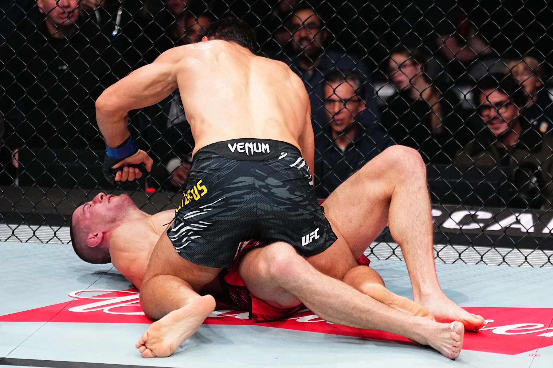 EDMONTON, ALBERTA - NOVEMBER 02: (R-L) Dustin Stoltzfus knocks out Marc-Andre Barriault of Canada in a middleweight fight during the UFC Fight Night event at Rogers Place on November 02, 2024 in Edmonton, Alberta. (Photo by Jeff Bottari/Zuffa LLC)