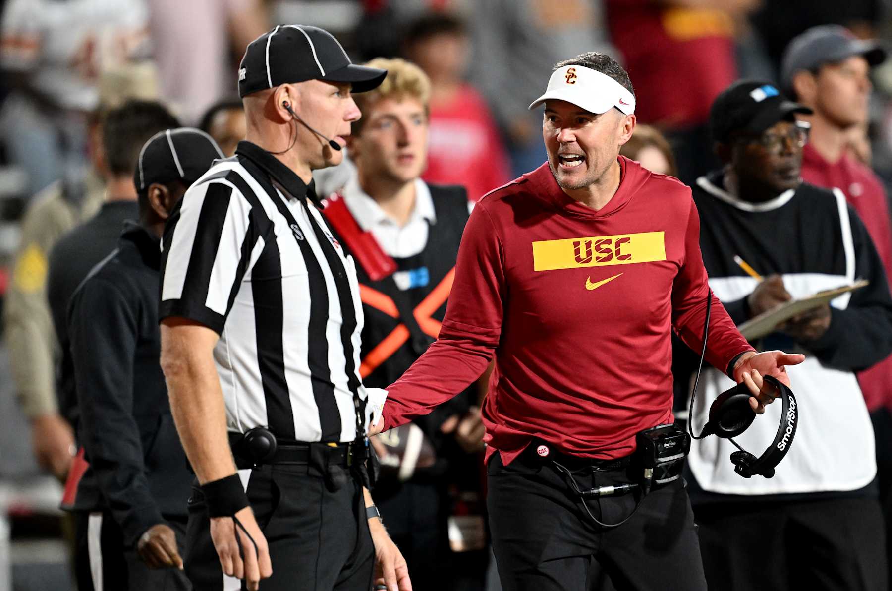 COLLEGE PARK, MARYLAND - OCTOBER 19: Head coach Lincoln Riley of the USC Trojans argues a call with an official in the fourth quarter against the Maryland Terrapins at SECU Stadium on October 19, 2024 in College Park, Maryland. (Photo by G Fiume/Getty Images)