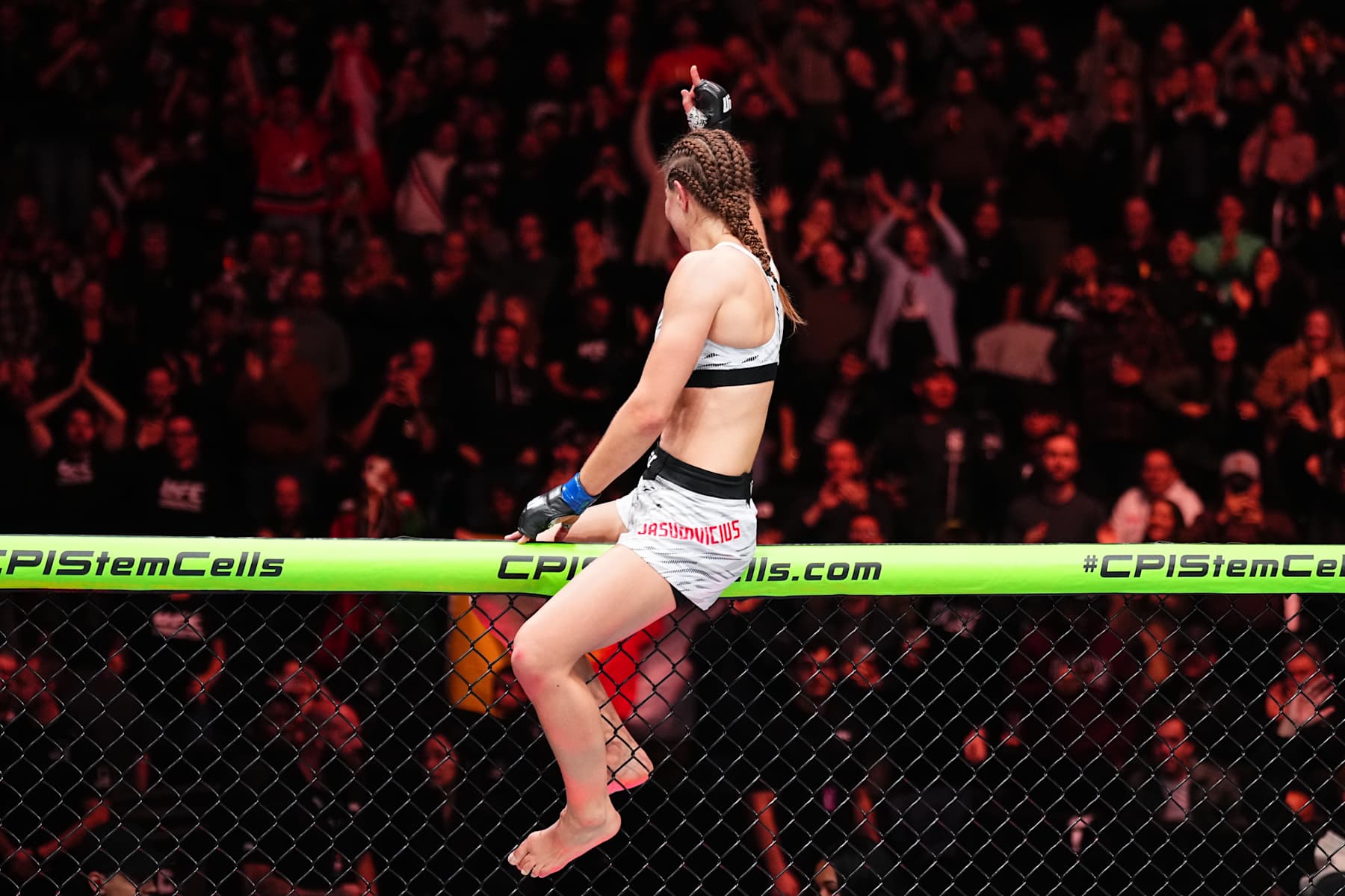 EDMONTON, ALBERTA - NOVEMBER 02: Jasmine Jasudavicius of Canada reacts after a submission victory against Ariane da Silva of Brazil in a flyweight fight during the UFC Fight Night event at Rogers Place on November 02, 2024 in Edmonton, Alberta. (Photo by Jeff Bottari/Zuffa LLC)