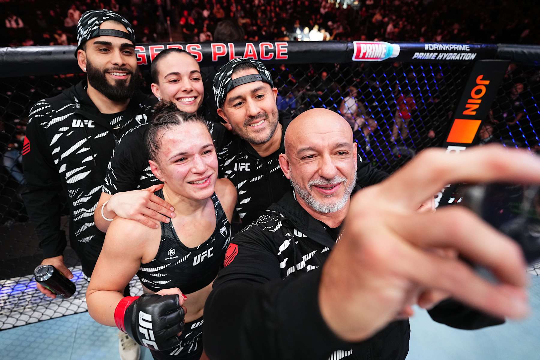 EDMONTON, ALBERTA - NOVEMBER 02: Erin Blanchfield reacts after a victory against Rose Namajunas in a flyweight fight during the UFC Fight Night event at Rogers Place on November 02, 2024 in Edmonton, Alberta. (Photo by Jeff Bottari/Zuffa LLC)