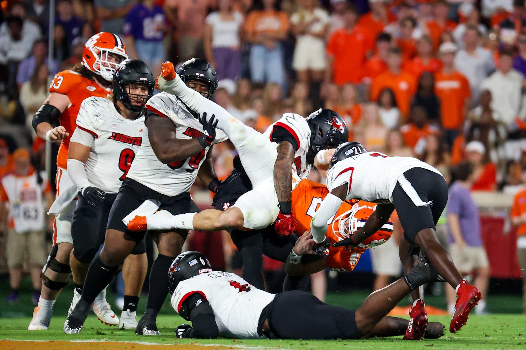 CLEMSON, SOUTH CAROLINA - NOVEMBER 2: Cade Klubnik #2 of the Clemson Tigers is tackled during the second quarter against the Louisville Cardinals at Memorial Stadium on November 2, 2024 in Clemson, South Carolina.  (Photo by Isaiah Vazquez/Getty Images)