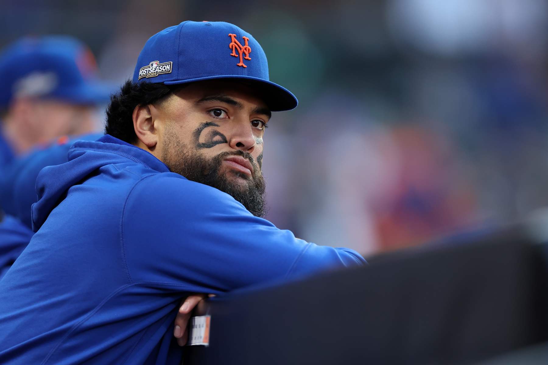 NEW YORK, NEW YORK - OCTOBER 09: Sean Manaea #59 of the New York Mets looks on from the dugout in the second inning against the Philadelphia Phillies during Game Four of the Division Series at Citi Field on October 09, 2024 in New York City. (Photo by Luke Hales/Getty Images)