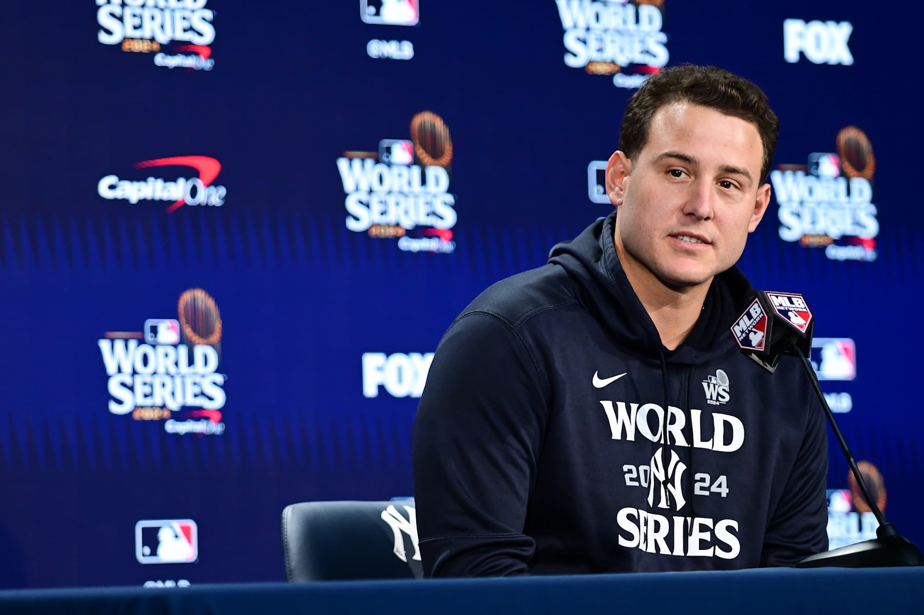 NEW YORK, NY - OCTOBER 29: Anthony Rizzo #48 of the New York Yankees talks with media during a press conference prior to Game 4 of the 2024 World Series presented by Capital One between the Los Angeles Dodgers and the New York Yankees at Yankee Stadium on Tuesday, October 29, 2024 in New York, New York. (Photo by Mike Lawrence/MLB Photos via Getty Images)