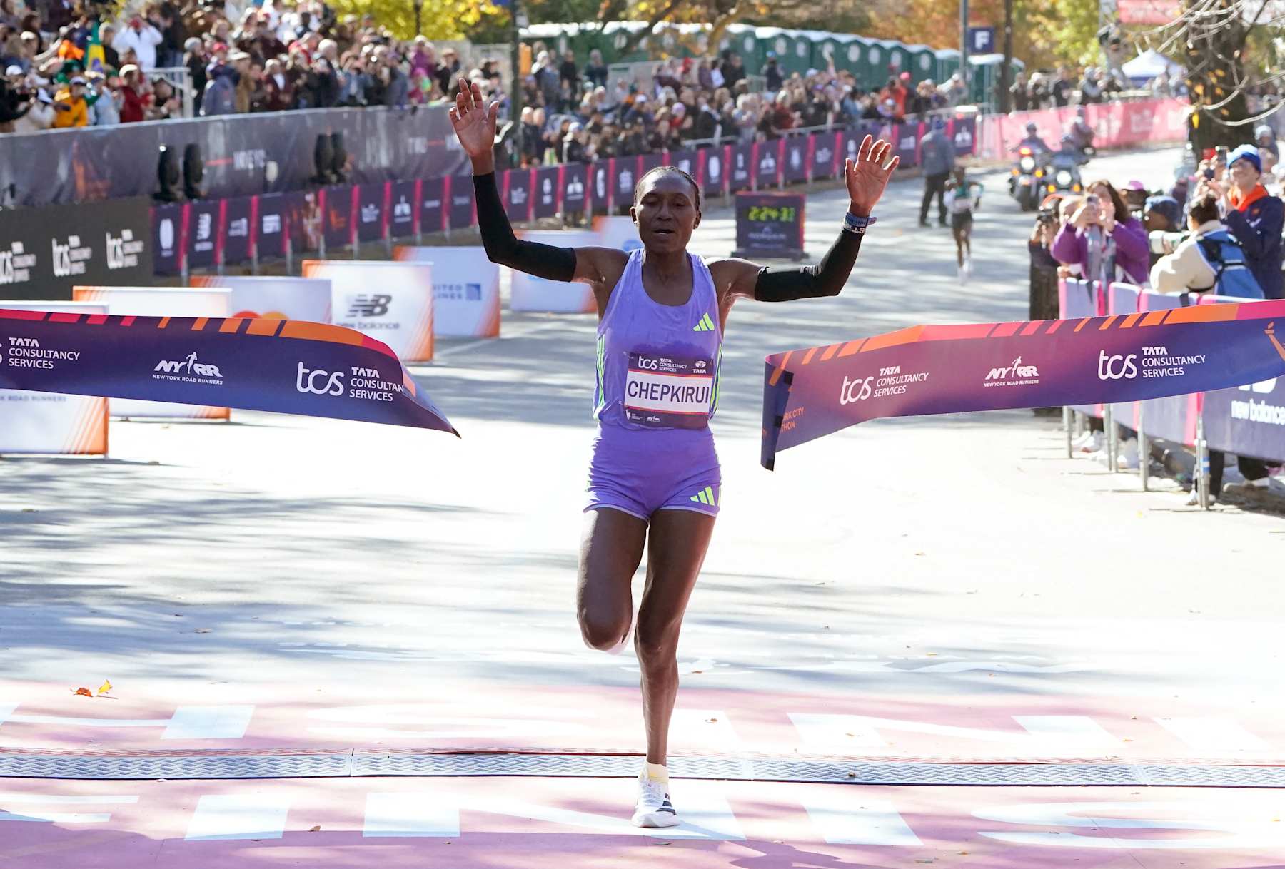 Sheila Chepkirui of Kenya crosses the finish line to win the women's division during the New York Marathon in New York City on November 3, 2024. (Photo by TIMOTHY A. CLARY / AFP) (Photo by TIMOTHY A. CLARY/AFP via Getty Images)