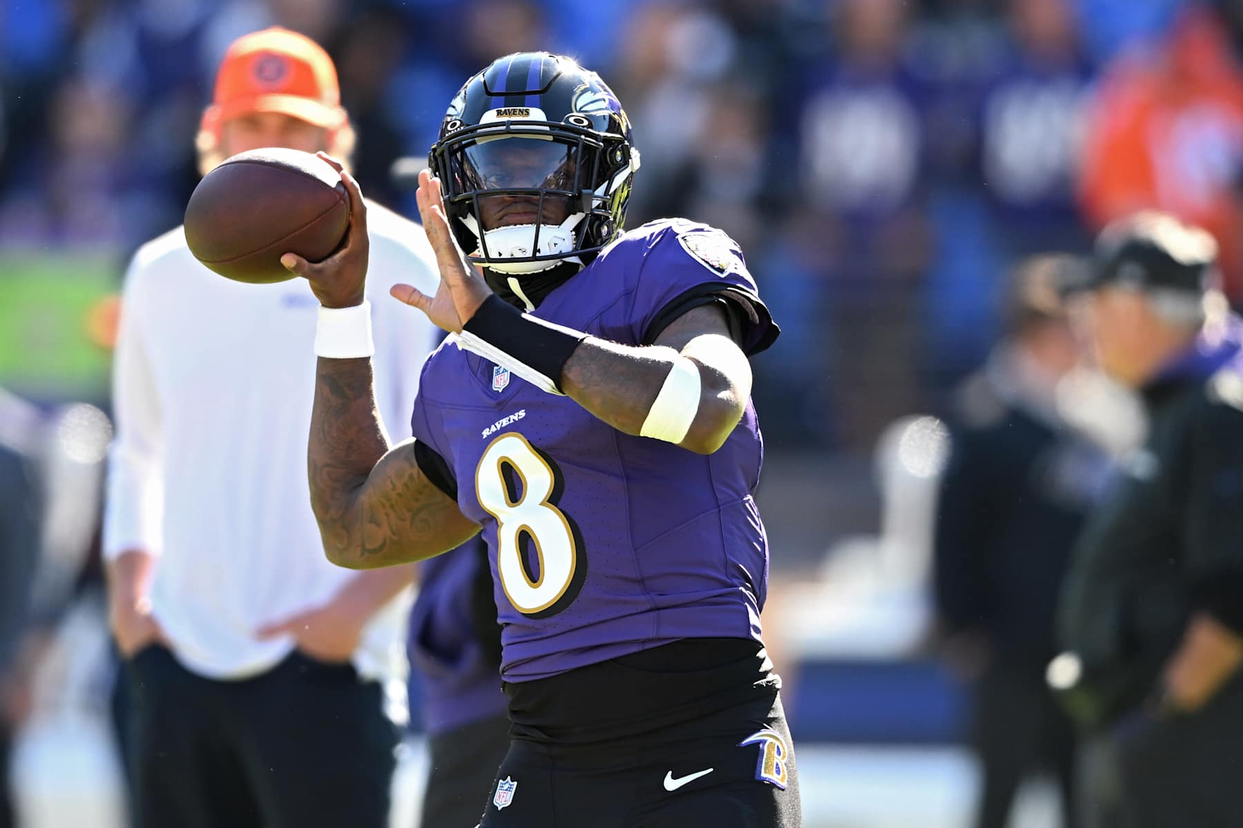 BALTIMORE, MARYLAND - NOVEMBER 03: Lamar Jackson #8 of the Baltimore Ravens warms up prior to a game against the Denver Broncos at M&T Bank Stadium on November 03, 2024 in Baltimore, Maryland. (Photo by Greg Fiume/Getty Images)