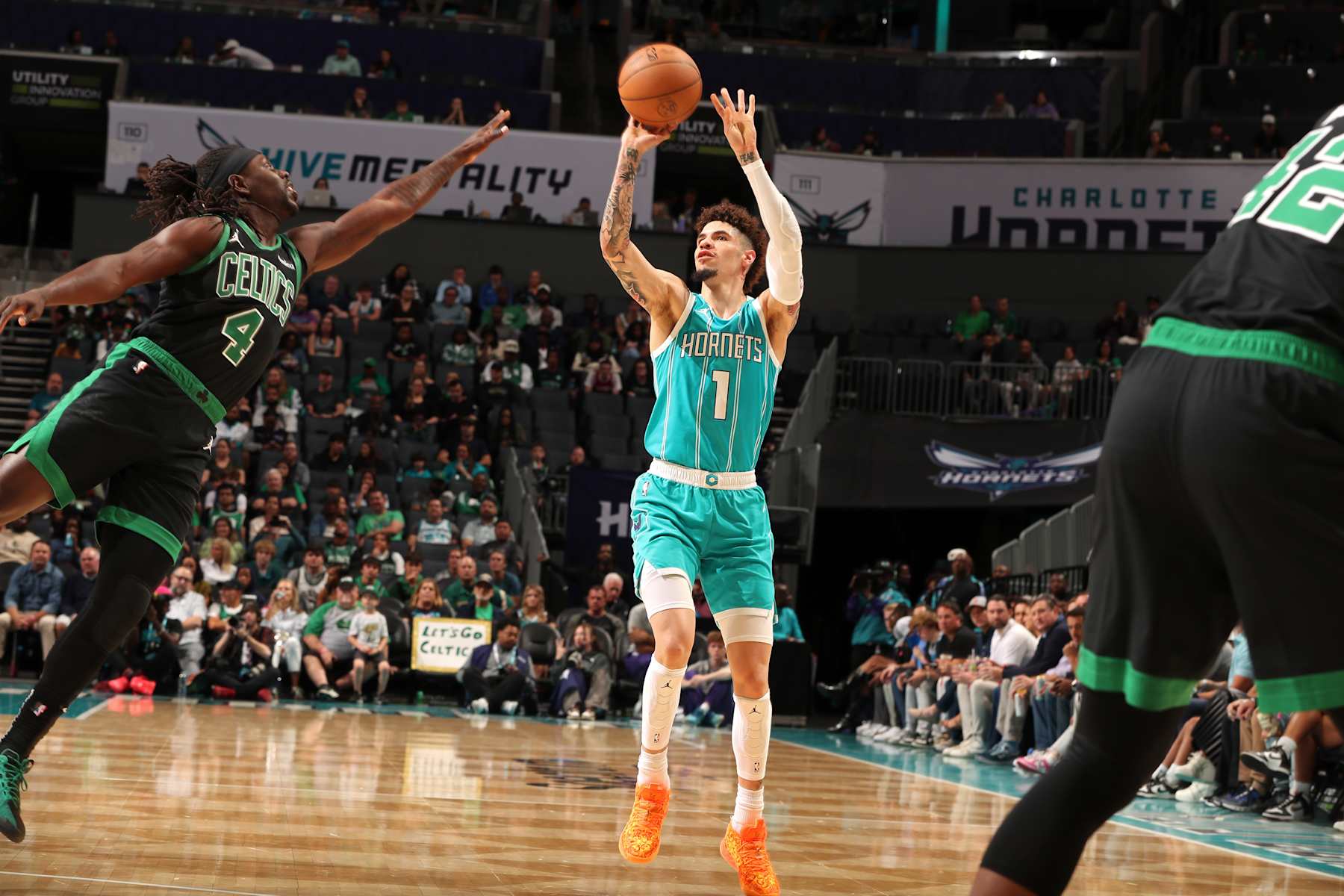 CHARLOTTE, NC - NOVEMBER 2: LaMelo Ball #1 of the Charlotte Hornets three point basket during the game against the Boston Celtics on November 2, 2024 at Spectrum Center in Charlotte, North Carolina. NOTE TO USER: User expressly acknowledges and agrees that, by downloading and or using this photograph, User is consenting to the terms and conditions of the Getty Images License Agreement. Mandatory Copyright Notice: Copyright 2024 NBAE (Photo by Kent Smith/NBAE via Getty Images)
