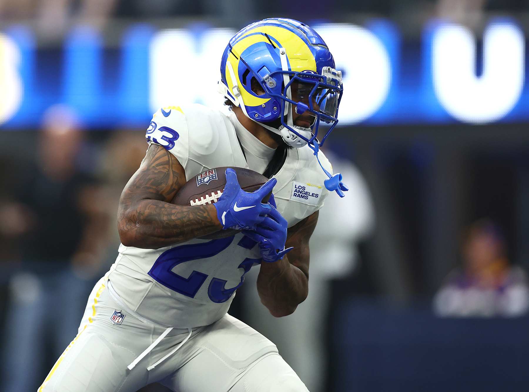 INGLEWOOD, CALIFORNIA - OCTOBER 24: Kyren Williams #23 of the Los Angeles Rams warms up before a game against the Minnesota Vikings at SoFi Stadium on October 24, 2024 in Inglewood, California. (Photo by Katelyn Mulcahy/Getty Images)