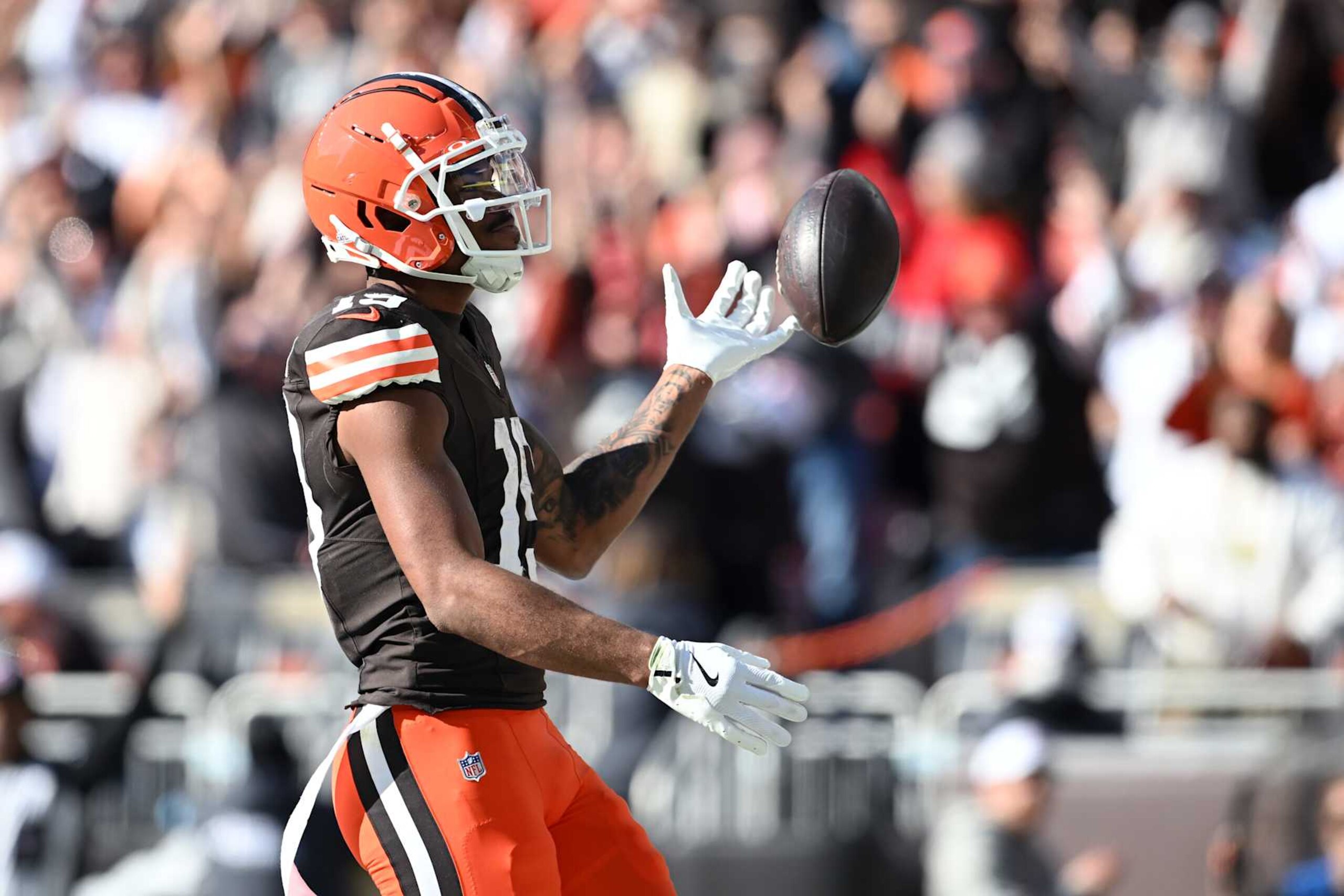 CLEVELAND, OHIO - OCTOBER 27: Cedric Tillman #19 of the Cleveland Browns celebrates after receiving touchdown in the fourth quarter of a game against the Baltimore Ravens at Huntington Bank Field on October 27, 2024 in Cleveland, Ohio. (Photo by Nick Cammett/Getty Images)