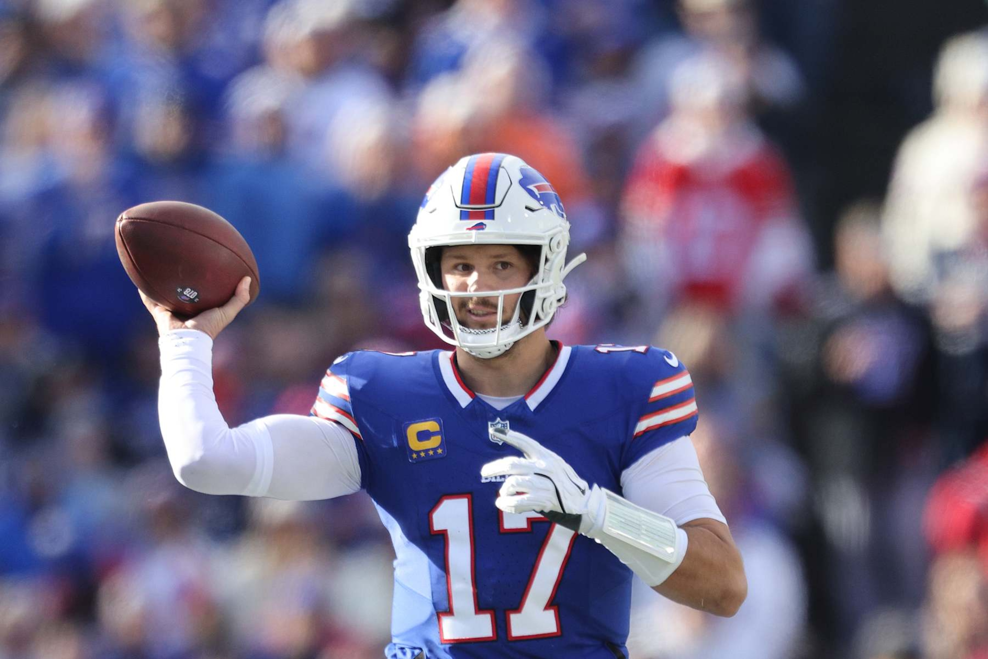 ORCHARD PARK, NEW YORK - NOVEMBER 03: Josh Allen #17 of the Buffalo Bills throws a pass against the Miami Dolphins during the second quarter at Highmark Stadium on November 03, 2024 in Orchard Park, New York. (Photo by Bryan M. Bennett/Getty Images) ORCHARD PARK, NEW YORK - NOVEMBER 03: Josh Allen #17 of the Buffalo Bills throws a pass against the Miami Dolphins during the second quarter at Highmark Stadium on November 03, 2024 in Orchard Park, New York. (Photo by Bryan M. Bennett/Getty Images)
