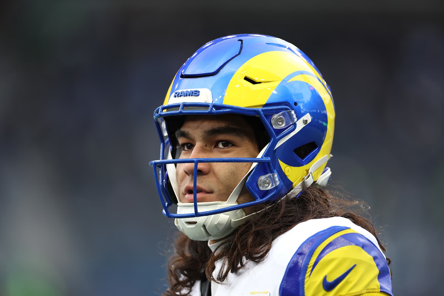 SEATTLE, WASHINGTON - NOVEMBER 03:  Puka Nacua #17 of the Los Angeles Rams warms up prior to a game against the Seattle Seahawks at Lumen Field on November 03, 2024 in Seattle, Washington. (Photo by Steph Chambers/Getty Images)