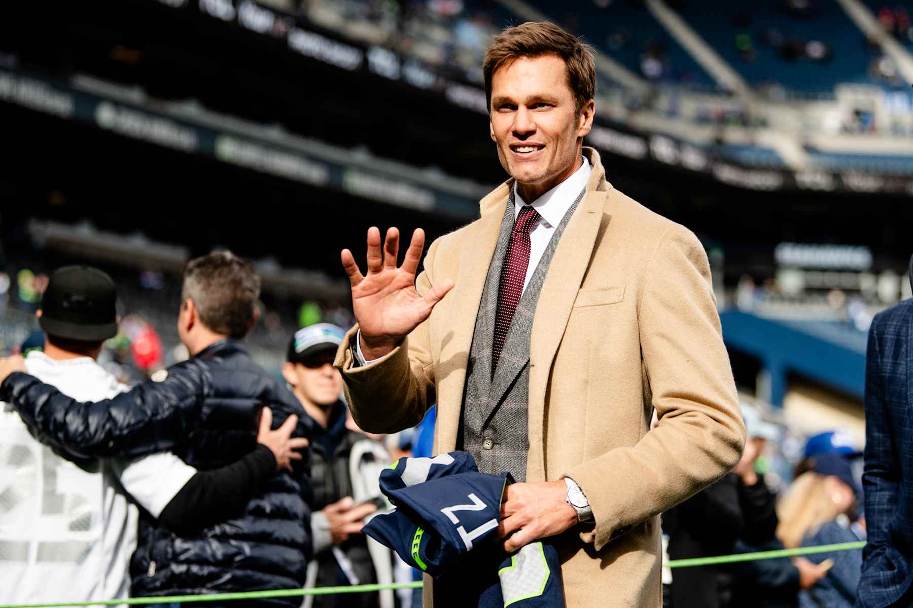 SEATTLE, WASHINGTON - OCTOBER 27: Tom Brady is seen on the field prior to a game between the Seattle Seahawks and the Buffalo Bills at Lumen Field on October 27, 2024 in Seattle, Washington. (Photo by Jane Gershovich/Getty Images)