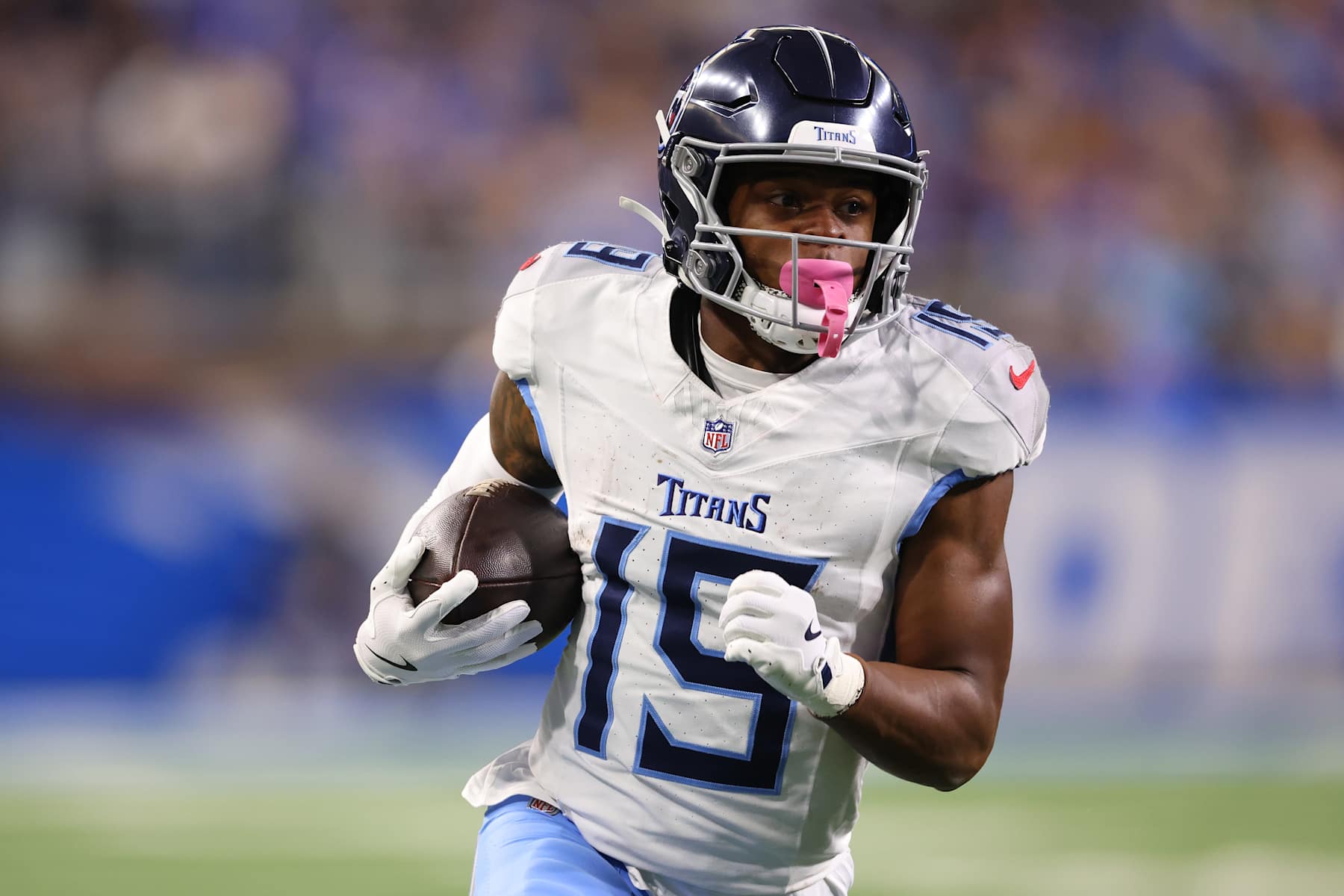DETROIT, MICHIGAN - OCTOBER 27: Nick Westbrook-Ikhine #15 of the Tennessee Titans plays against the Detroit Lions at Ford Field on October 27, 2024 in Detroit, Michigan. (Photo by Gregory Shamus/Getty Images)