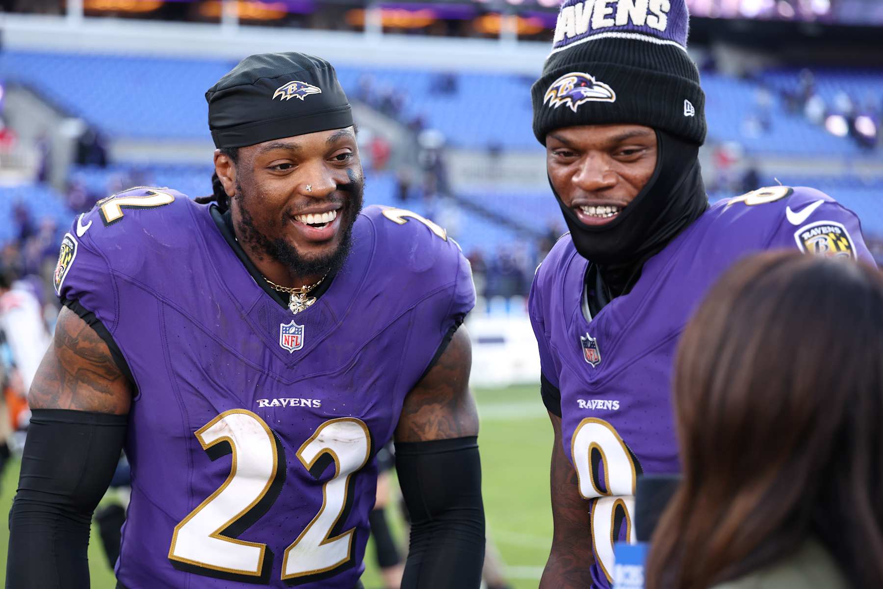 BALTIMORE, MARYLAND - NOVEMBER 03: Derrick Henry #22 and Lamar Jackson #8 of the Baltimore Ravens talk to media after their team's 41-10 win against the Denver Broncos at M&T Bank Stadium on November 03, 2024 in Baltimore, Maryland. (Photo by Scott Taetsch/Getty Images)