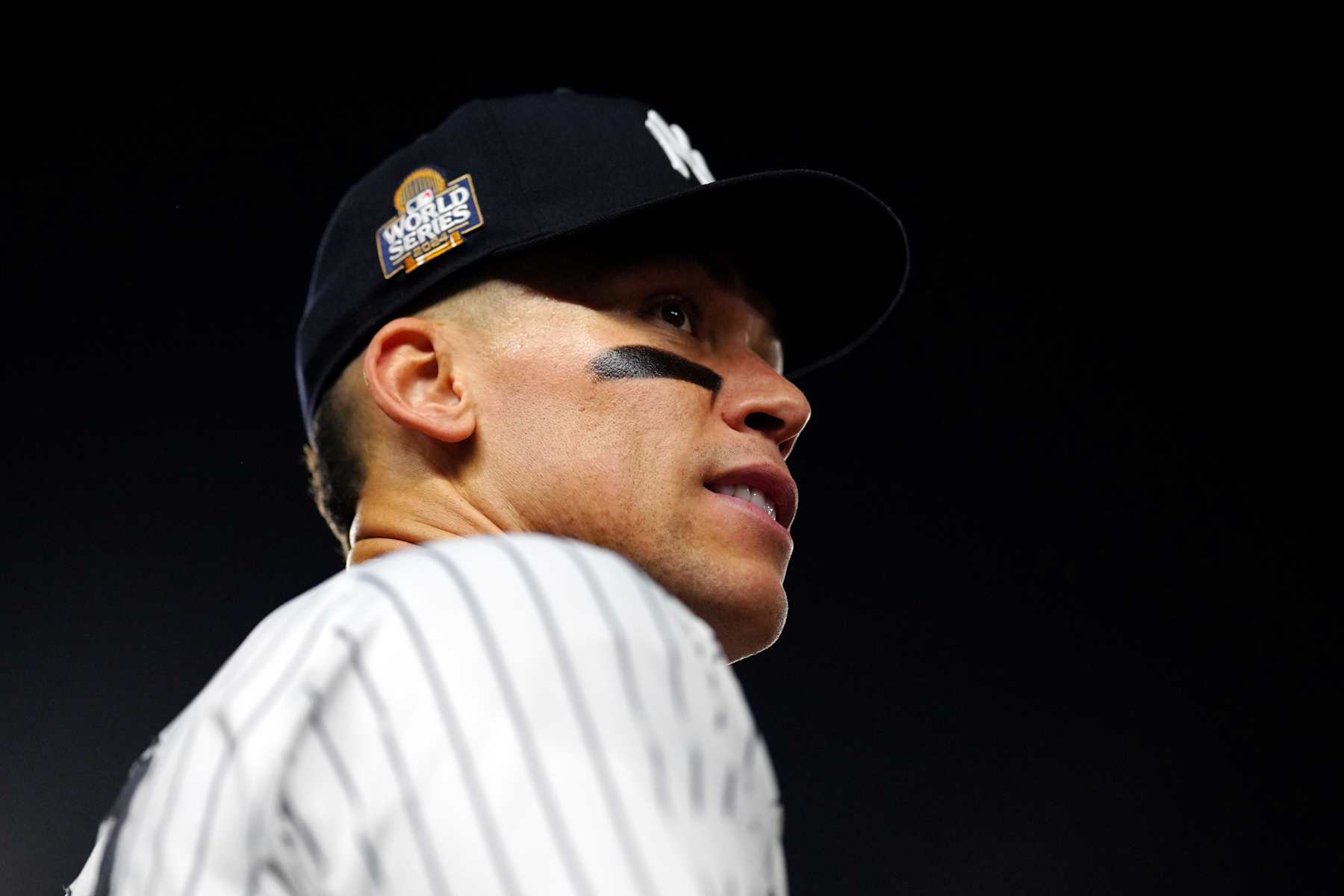 NEW YORK, NY - OCTOBER 30: Aaron Judge #99 of the New York Yankees looks on during Game 5 of the 2024 World Series presented by Capital One between the Los Angeles Dodgers and the New York Yankees at Yankee Stadium on Wednesday, October 30, 2024 in New York, New York. (Photo by Mary DeCicco/MLB Photos via Getty Images)