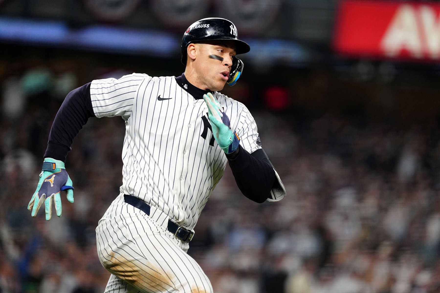 NEW YORK, NY - OCTOBER 30: Aaron Judge #99 of the New York Yankees doubles in the eighth inning during Game 5 of the 2024 World Series presented by Capital One between the Los Angeles Dodgers and the New York Yankees at Yankee Stadium on Wednesday, October 30, 2024 in New York, New York. (Photo by Mary DeCicco/MLB Photos via Getty Images)