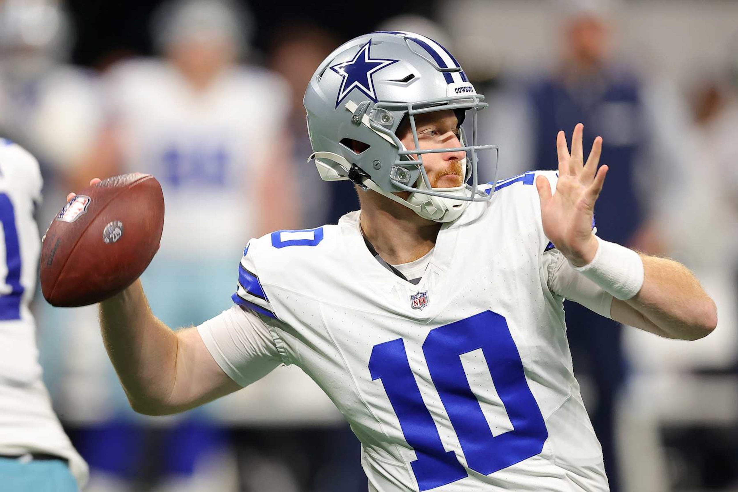 ATLANTA, GEORGIA - NOVEMBER 03: Cooper Rush #10 of the Dallas Cowboys throws a pass during the fourth quarter against the Atlanta Falcons at Mercedes-Benz Stadium on November 03, 2024 in Atlanta, Georgia. (Photo by Kevin C. Cox/Getty Images)