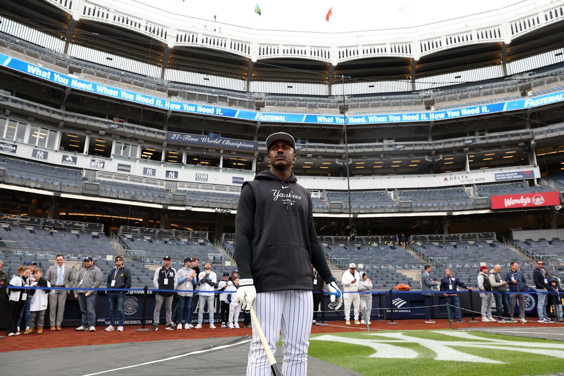 NEW YORK, NY - APRIL 19: Taylor Trammell #33 of the New York Yankees looks on before the game against the Tampa Bay Rays at Yankee Stadium on April 19, 2024, in New York, New York. (Photo by New York Yankees/Getty Images)