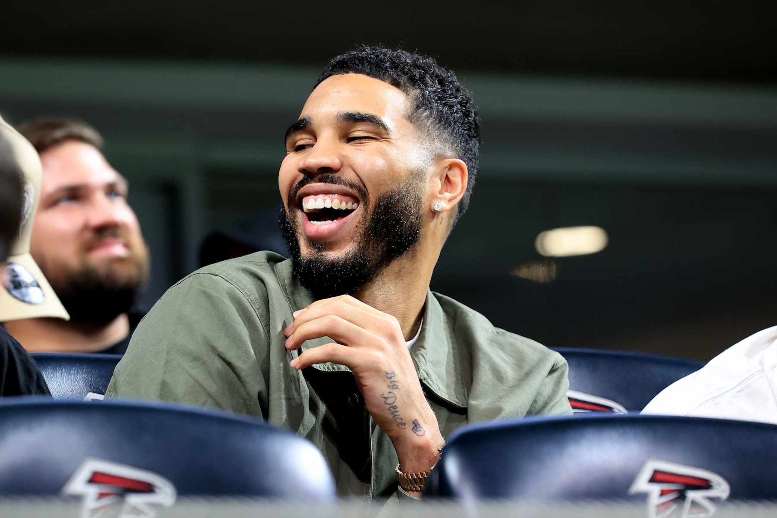 ATLANTA, GA - NOVEMBER 03: Boston Celtics Power Forward Jayson Tatum enjoys the game from the endzone suites during the Sunday afternoon NFL game between the Atlanta Falcons and the Dallas Cowboys on November 3, 2024 at the Mercedes-Benz Stadium in Atlanta, Georgia.   (Photo by David J. Griffin/Icon Sportswire via Getty Images)