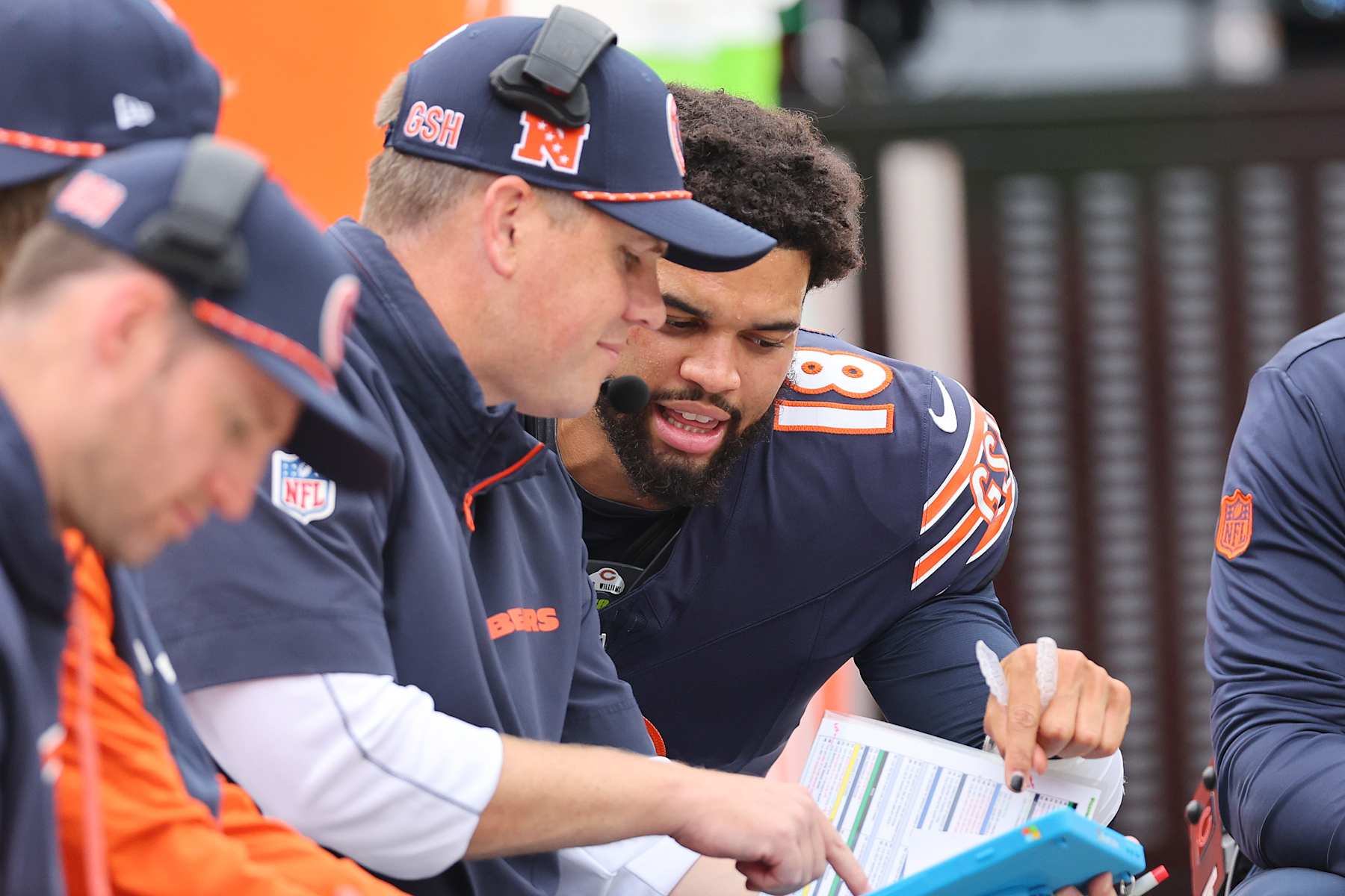 CHICAGO, ILLINOIS - SEPTEMBER 29: Offensive coordinator Shane Waldron and Caleb Williams #18 of the Chicago Bears talk on the sideline against the Los Angeles Rams at Soldier Field on September 29, 2024 in Chicago, Illinois. (Photo by Michael Reaves/Getty Images)