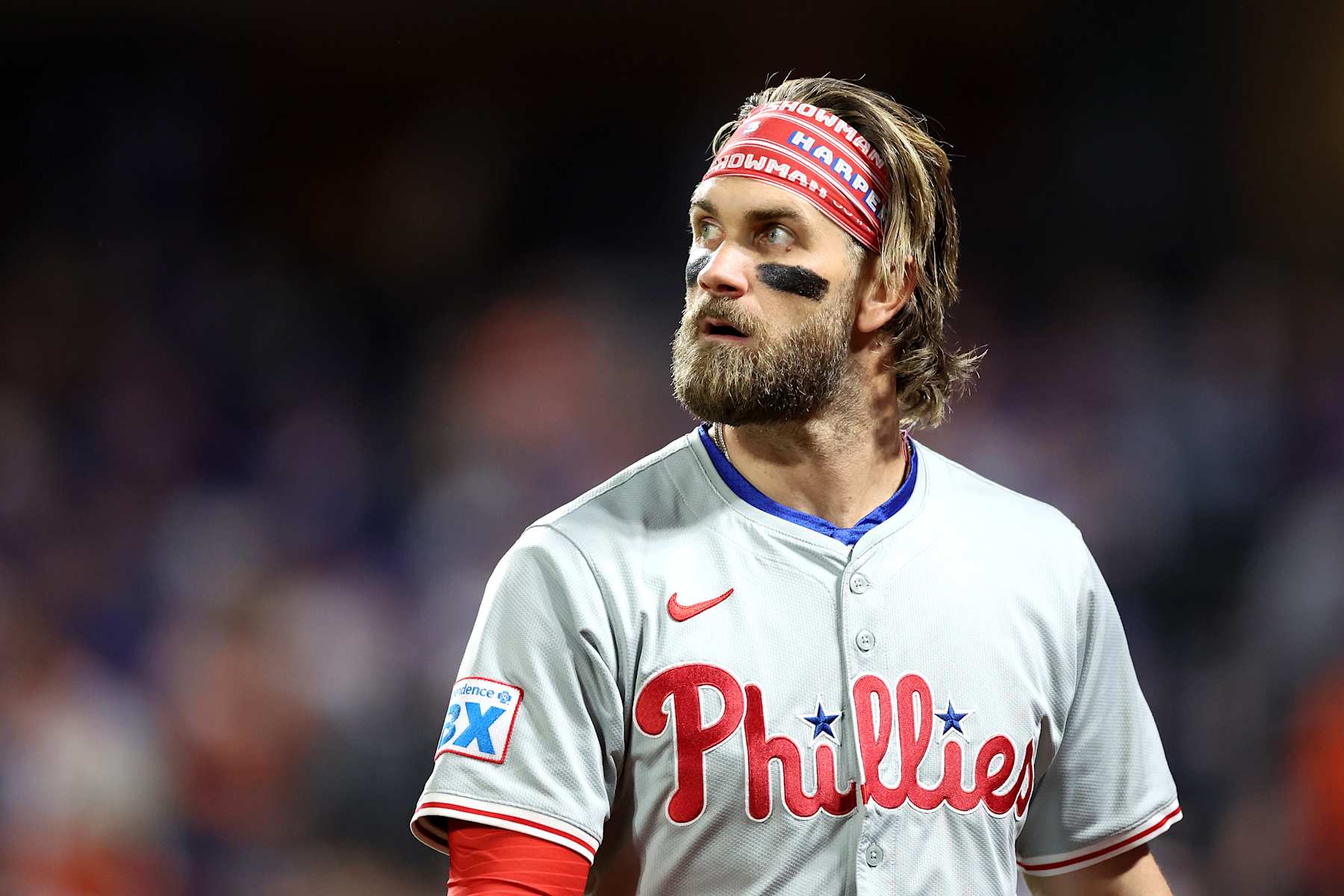 NEW YORK, NEW YORK - OCTOBER 08: Bryce Harper #3 of the Philadelphia Phillies in action against the New York Mets in Game Three of the Division Series at Citi Field on October 08, 2024 in the Queens borough of New York City. (Photo by Luke Hales/Getty Images)