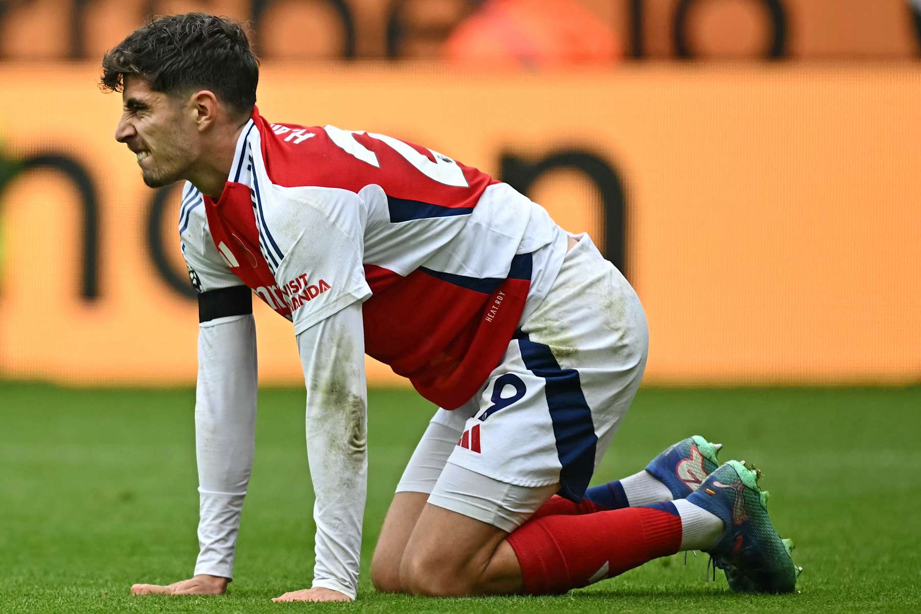 Arsenal's German midfielder #29 Kai Havertz reacts during the English Premier League football match between Newcastle United and Arsenal at St James' Park in Newcastle-upon-Tyne, north east England on November 2, 2024. (Photo by Paul ELLIS / AFP) / RESTRICTED TO EDITORIAL USE. No use with unauthorized audio, video, data, fixture lists, club/league logos or 'live' services. Online in-match use limited to 120 images. An additional 40 images may be used in extra time. No video emulation. Social media in-match use limited to 120 images. An additional 40 images may be used in extra time. No use in betting publications, games or single club/league/player publications. / (Photo by PAUL ELLIS/AFP via Getty Images)