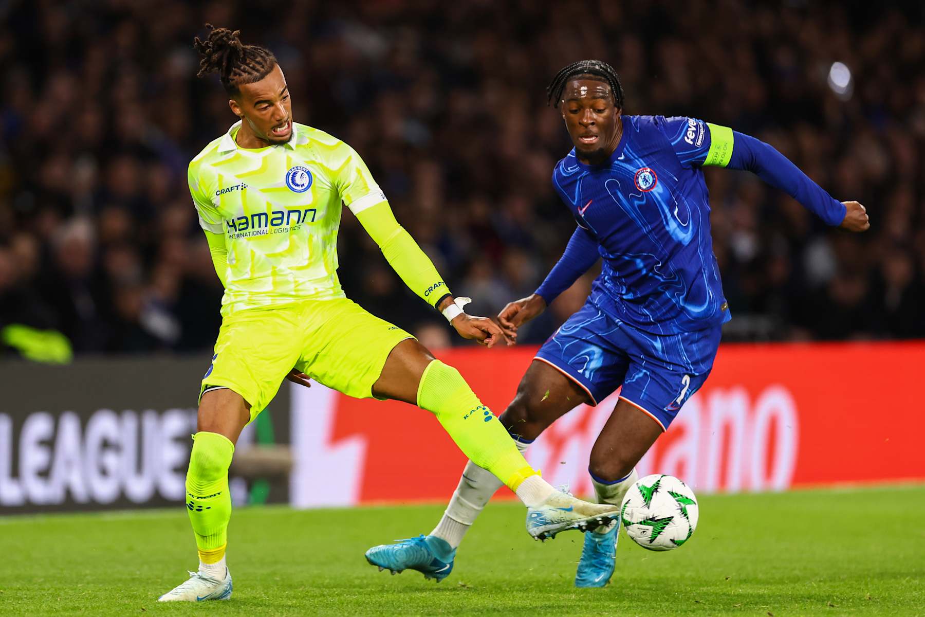 LONDON, ENGLAND - OCTOBER 3: Archie Brown of KAA Gent and Axel Disasi of Chelsea during the UEFA Conference League 2024/25 League Phase MD1 match between Chelsea FC and KAA Gent at Stamford Bridge on October 3, 2024 in London, England. (Photo by Jacques Feeney/Offside/Offside via Getty Images)