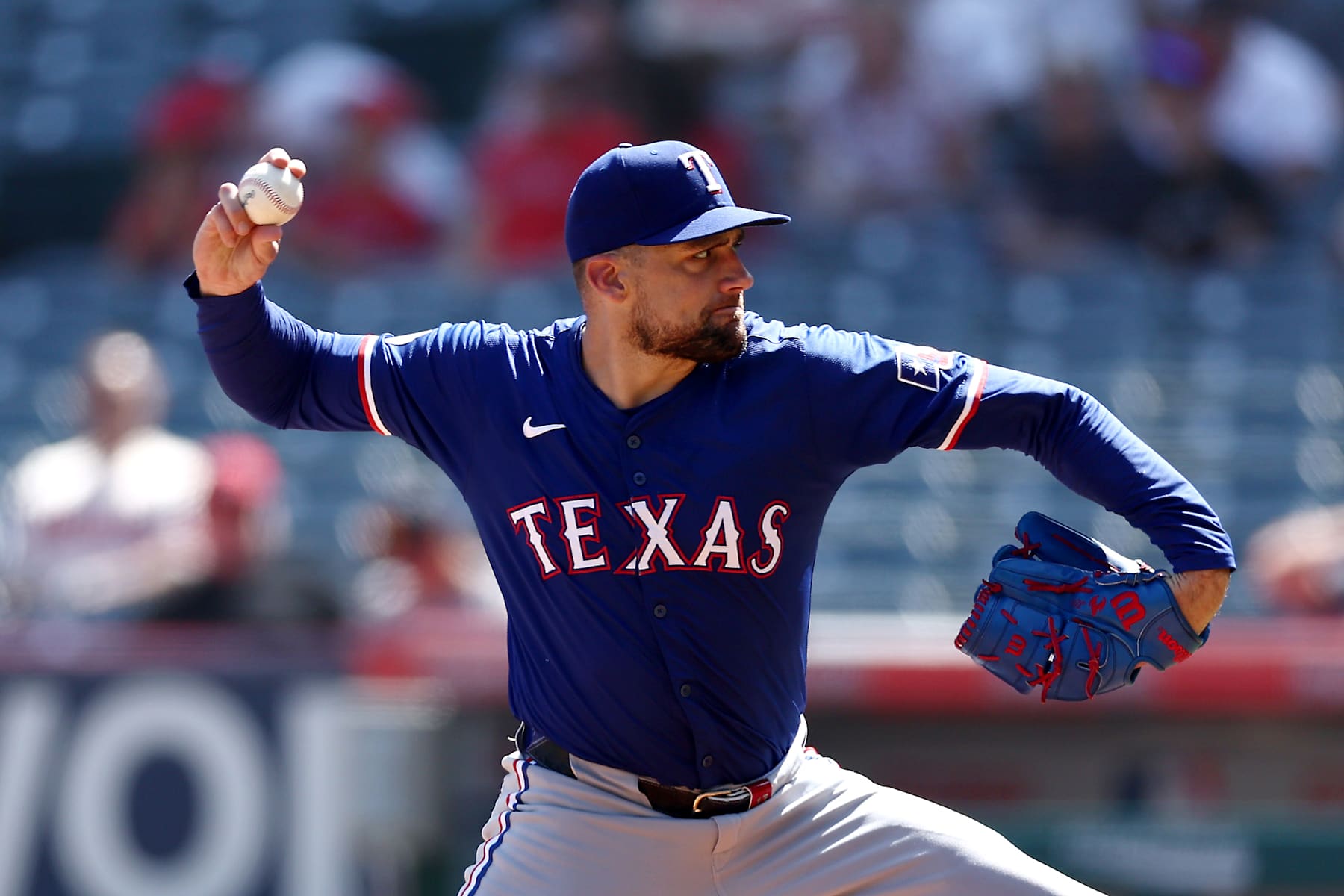 ANAHEIM, CALIFORNIA - SEPTEMBER 29: Nathan Eovaldi #17 of the Texas Rangers throws a pitch during the first inning against the Los Angeles Angels at Angel Stadium of Anaheim on September 29, 2024 in Anaheim, California. (Photo by Katelyn Mulcahy/Getty Images)