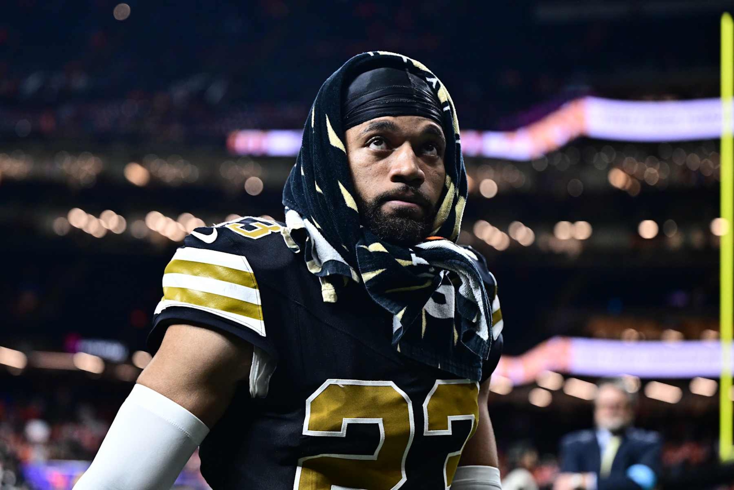 NEW ORLEANS, LOUISIANA - OCTOBER 17: Marshon Lattimore #23 of the New Orleans Saints leaves the field following a game against the Denver Broncos at Caesars Superdome on October 17, 2024 in New Orleans, Louisiana. (Photo by Gus Stark/Getty Images)