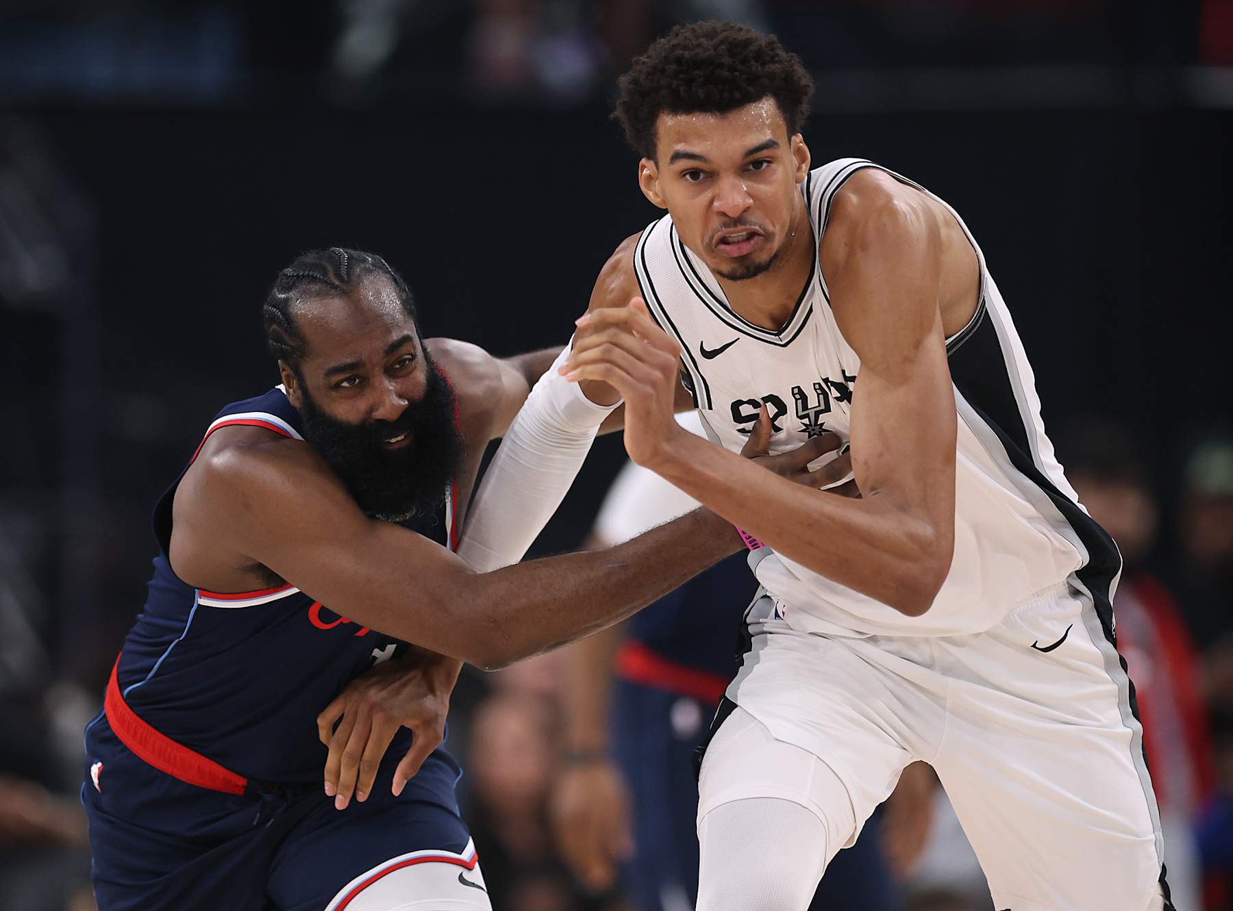 Clippers guard James Harden and Spurs center Victor Wembanyama
