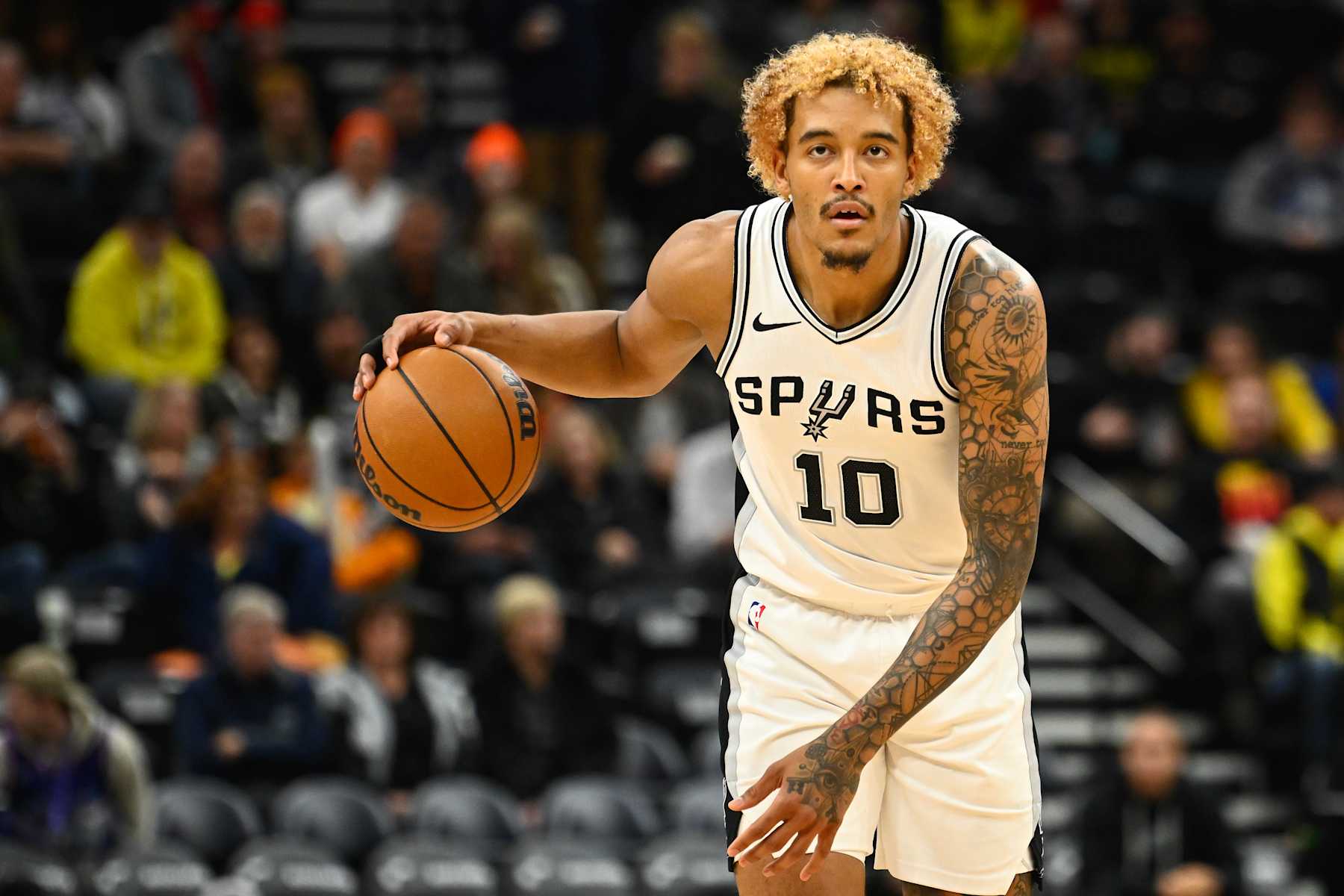 SALT LAKE CITY, UTAH - OCTOBER 31: Jeremy Sochan #10 of the San Antonio Spurs in action during the second half of a game against the Utah Jazz at Delta Center on October 31, 2024 in Salt Lake City, Utah. NOTE TO USER: User expressly acknowledges and agrees that, by downloading and or using this photograph, User is consenting to the terms and conditions of the Getty Images License Agreement. (Photo by Alex Goodlett/Getty Images)