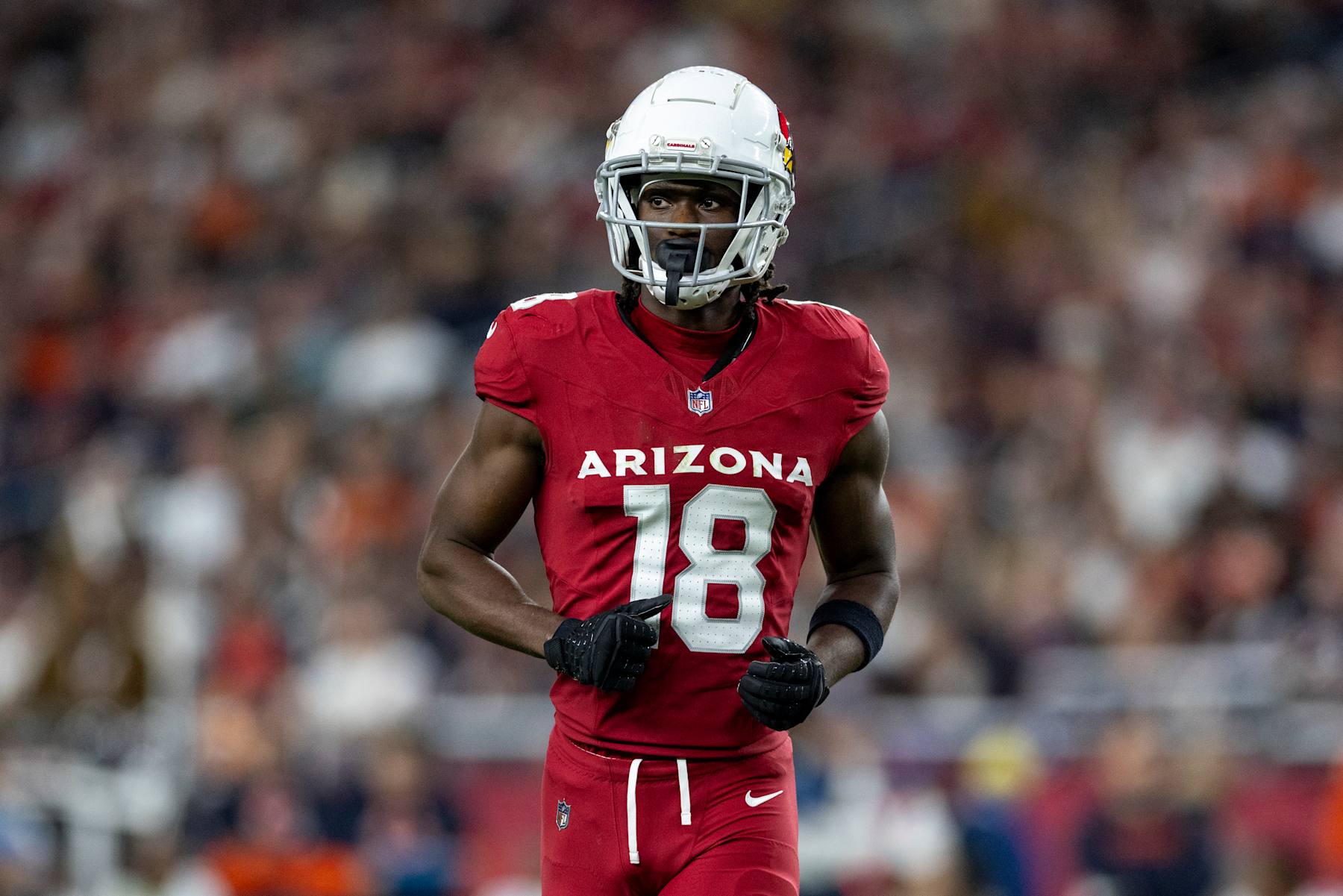 GLENDALE, ARIZONA - NOVEMBER 3: Marvin Harrison Jr. #18 of the Arizona Cardinals runs during an NFL Football game against the Chicago Bears at State Farm Stadium on November 03, 2024 in Glendale, Arizona. (Photo by Michael Owens/Getty Images)