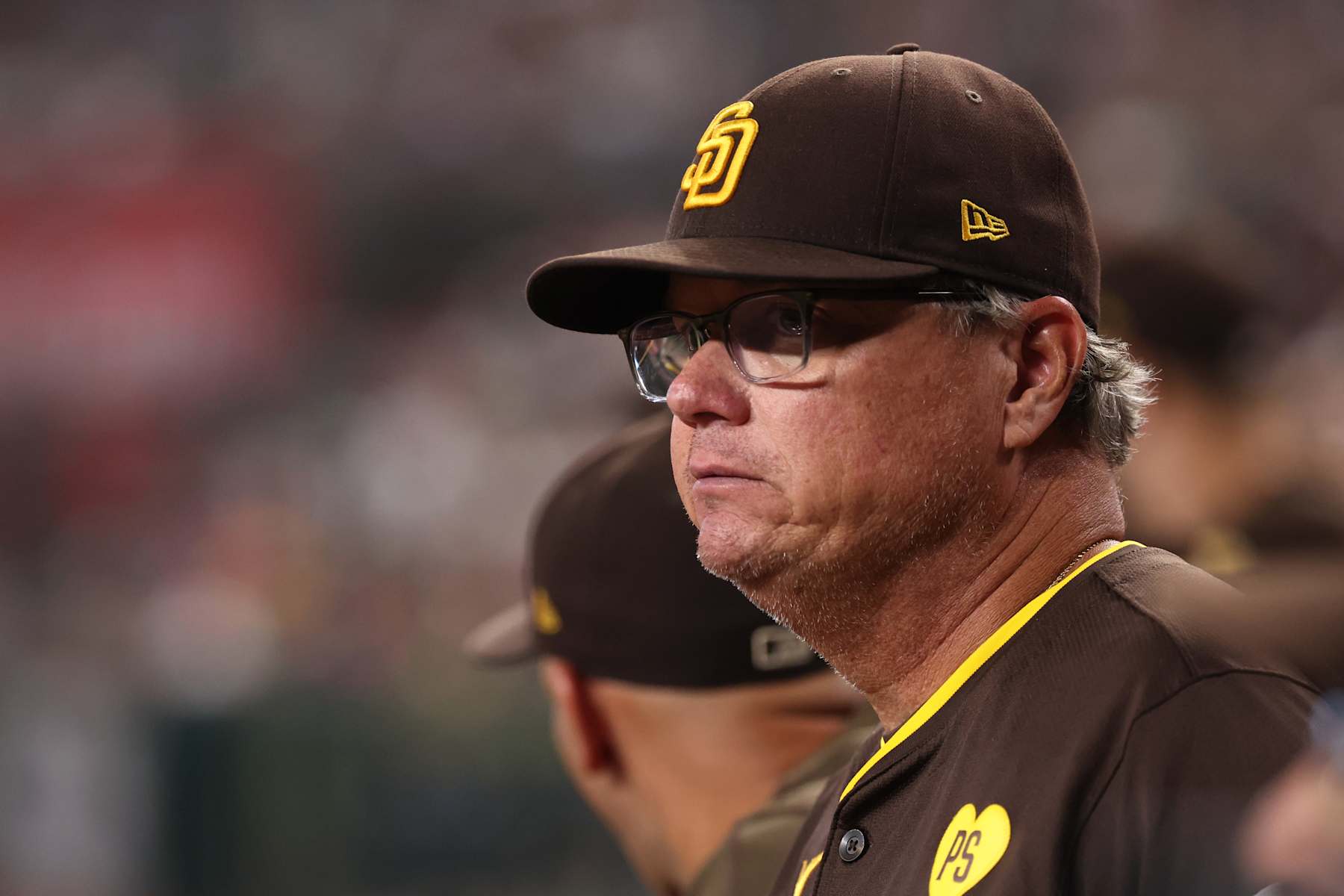 PHOENIX, ARIZONA - SEPTEMBER 29: Manager Mike Shildt #8 of the San Diego Padres watches the action during the game against the Arizona Diamondbacks at Chase Field on September 29, 2024 in Phoenix, Arizona. The Diamondbacks defeated the Padres 11-2. (Photo by Chris Coduto/Getty Images)