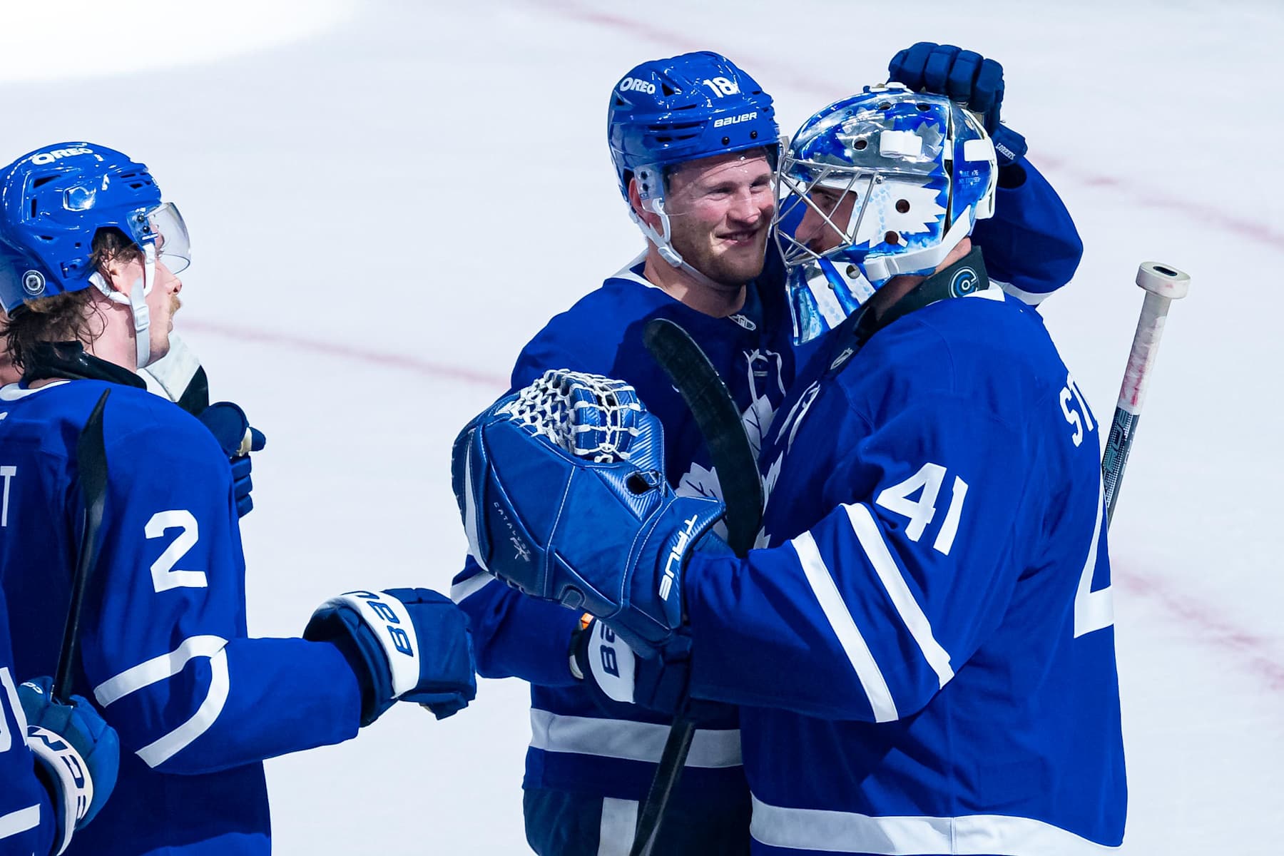 TORONTO, ON - NOVEMBER 05: Toronto Maple Leafs Goalie Anthony Stolarz (41) celebtates the win with Winger Steven Lorentz (18) after the NHL regular season game between the Boston Bruins and the Toronto Maple Leafs on November 5, 2024, at Scotiabank Arena in Toronto, ON, Canada. (Photo by Julian Avram/Icon Sportswire via Getty Images)