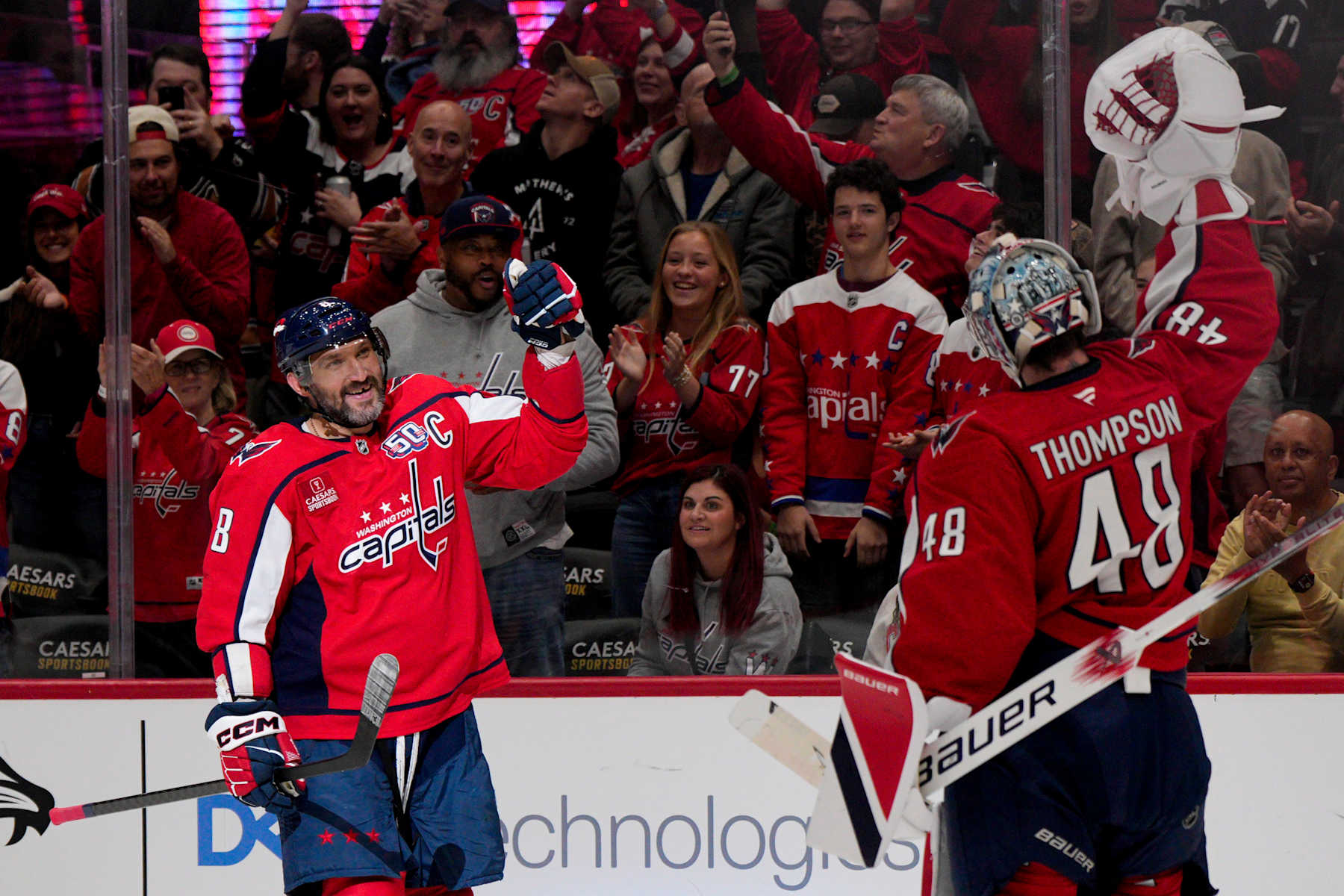WASHINGTON, DC - NOVEMBER 02: Alex Ovechkin #8 celebrates with Logan Thompson #48 of the Washington Capitals after scoring a goal against the Columbus Blue Jackets during the first period of a game at Capital One Arena on November 02, 2024 in Washington, D.C. (Photo by Jess Rapfogel/NHLI via Getty Images)