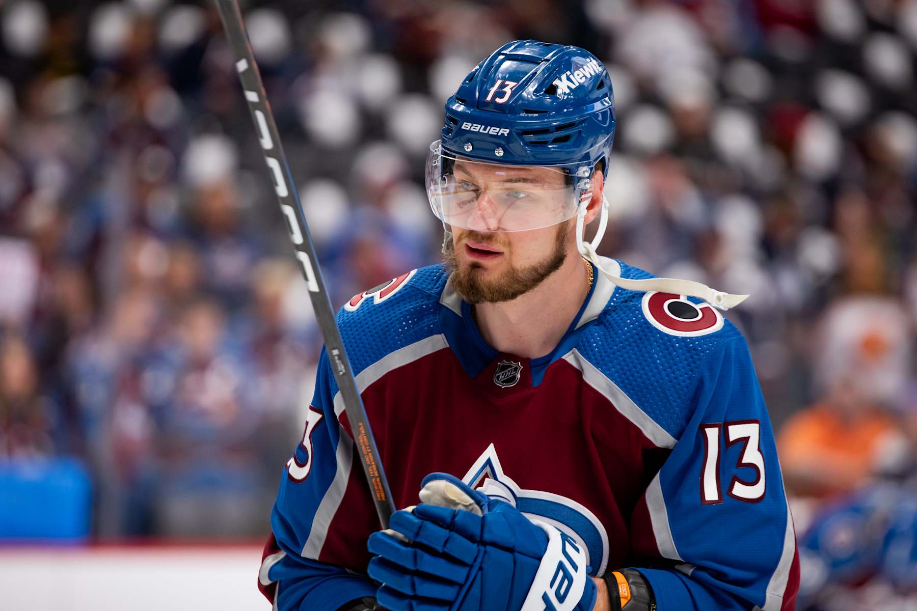 DENVER, COLORADO - MAY 11: Valeri Nichushkin #13 of the Colorado Avalanche skates in warmups ahead of Game Three of the Second Round of the Stanley Cup Playoffs against the Dallas Stars at Ball Arena on May 11, 2024 in Denver, Colorado. (Photo by Ashley Potts/NHLI via Getty Images)