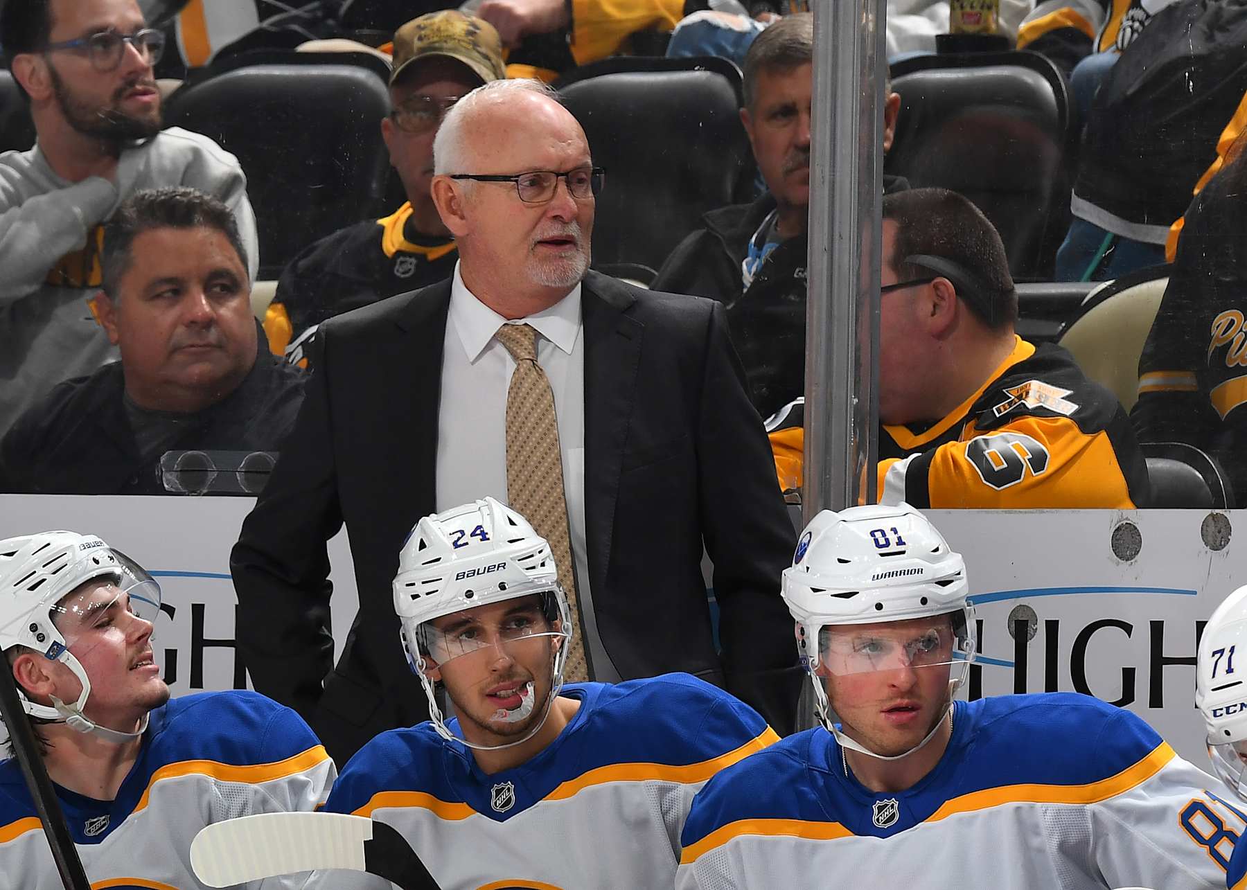 PITTSBURGH, PA - OCTOBER 16: Lindy Ruff of the Buffalo Sabres looks on against the Pittsburgh Penguins at PPG PAINTS Arena on October 16, 2024 in Pittsburgh, Pennsylvania. (Photo by Joe Sargent/NHLI via Getty Images)