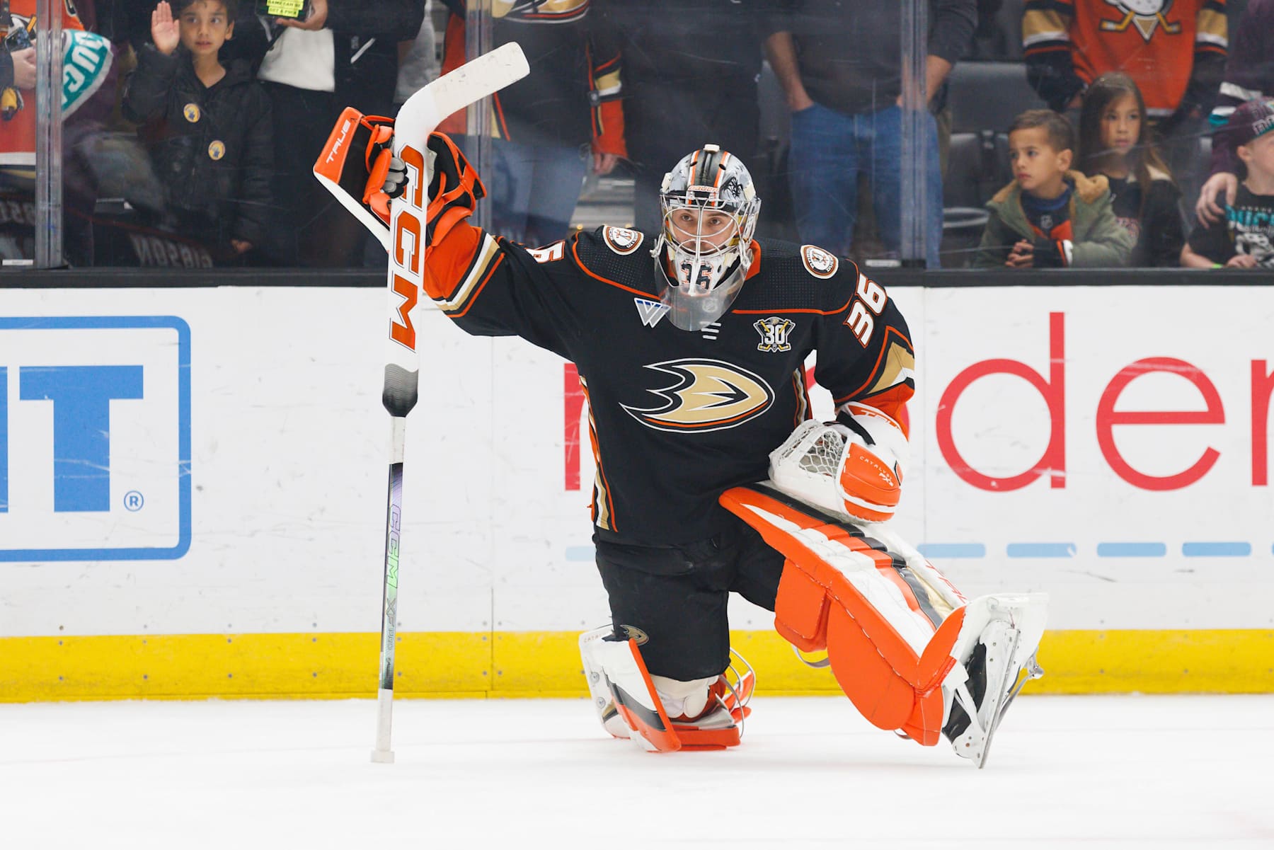 LOS ANGELES, CA - APRIL 13: Anaheim Ducks goaltender John Gibson (36) during an NHL game against the Los Angeles Kings on April 13, 2024 at Crypto.com Arena in Los Angeles, CA. (Photo by Ric Tapia/Icon Sportswire via Getty Images)