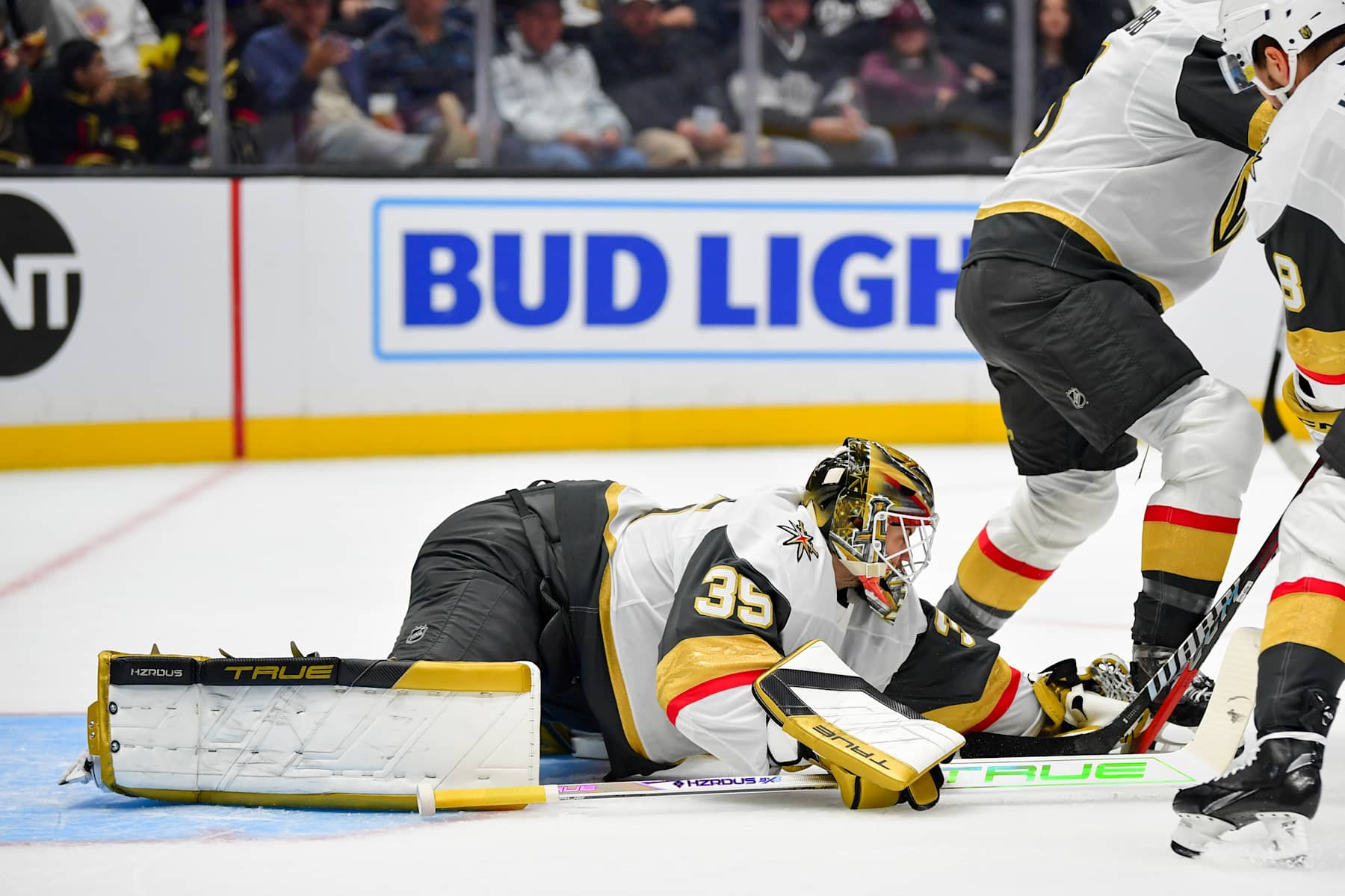 LOS ANGELES, CA - OCTOBER 30: Ilya Samsonov #35 of the Vegas Golden Knights protects the goal during the first period against the Los Angeles Kings at Crypto.com Arena on October 30, 2024 in Los Angeles, California. (Photo by Gary A. Vasquez/NHLI via Getty Images)