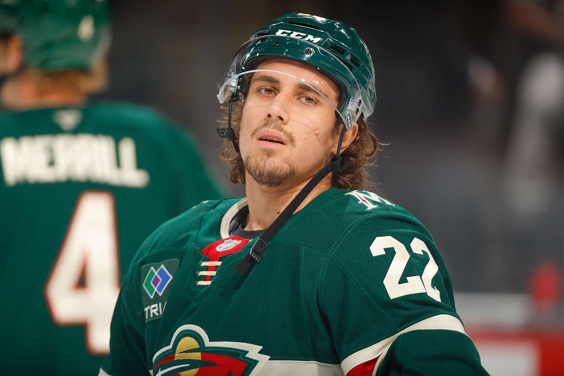 SAINT PAUL, MN - NOVEMBER 5: Marat Khusnutdinov #22 of the Minnesota Wild warms up prior to the game against the Los Angeles Kings at the Xcel Energy Center on November 5, 2024 in Saint Paul, Minnesota. (Photo by Bruce Kluckhohn/NHLI via Getty Images)