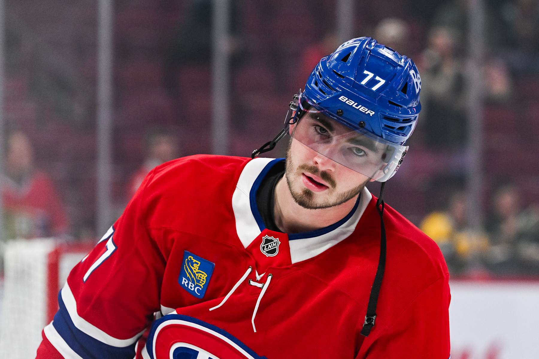 MONTREAL, QC - NOVEMBER 05: Look on Montreal Canadiens center Kirby Dach (77) during warm-up before the Calgary Flames versus the Montreal Canadiens game on November 05, 2024, at Bell Centre in Montreal, QC (Photo by David Kirouac/Icon Sportswire via Getty Images)