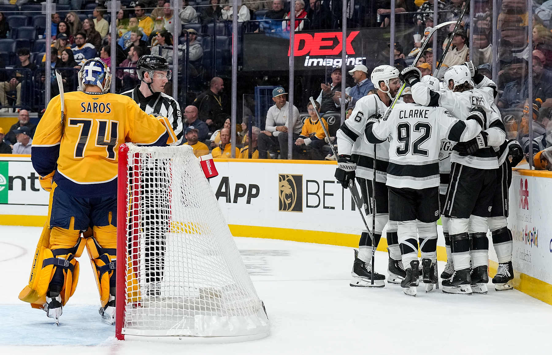 NASHVILLE, TENNESSEE - NOVEMBER 4: Anze Kopitar #11 of the Los Angeles Kings celebrates his goal against Juuse Saros #74 of the Nashville Predators during an NHL game at Bridgestone Arena on November 4, 2024 in Nashville, Tennessee. (Photo by John Russell/NHLI via Getty Images)