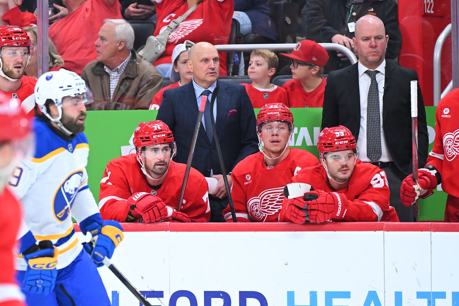 DETROIT, MI - NOVEMBER 02: Detroit Red Wings head coach Derek Lalonde watches the play develop during the game between Buffalo Sabres and Detroit Red Wings on November 2, 2024 at Little Caesars Arena in Detroit, MI (Photo by Allan Dranberg/Icon Sportswire via Getty Images)