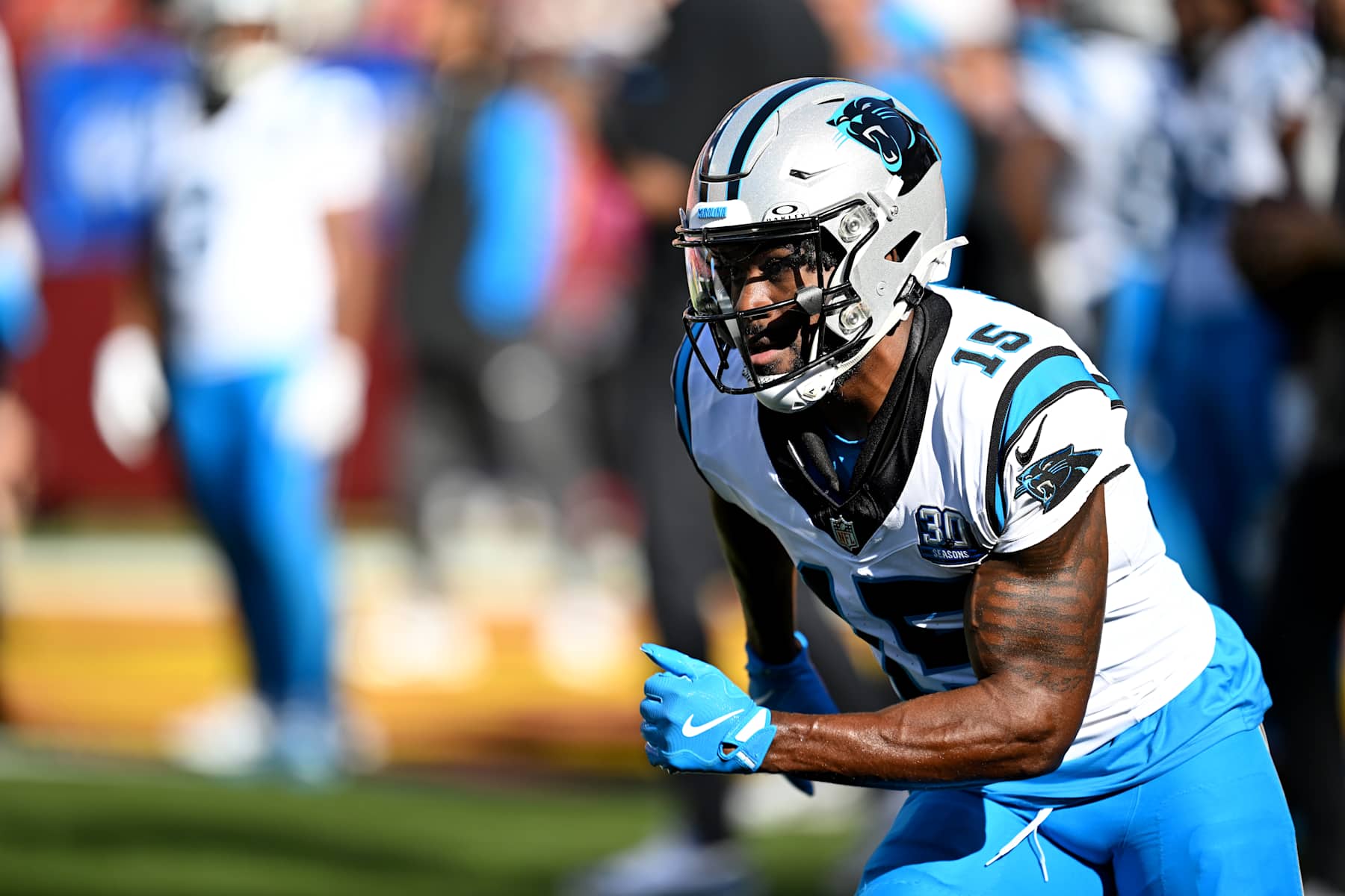LANDOVER, MARYLAND - OCTOBER 20: Jonathan Mingo #15 of the Carolina Panthers warms up before the game against the Washington Commanders at Northwest Stadium on October 20, 2024 in Landover, Maryland. (Photo by G Fiume/Getty Images)