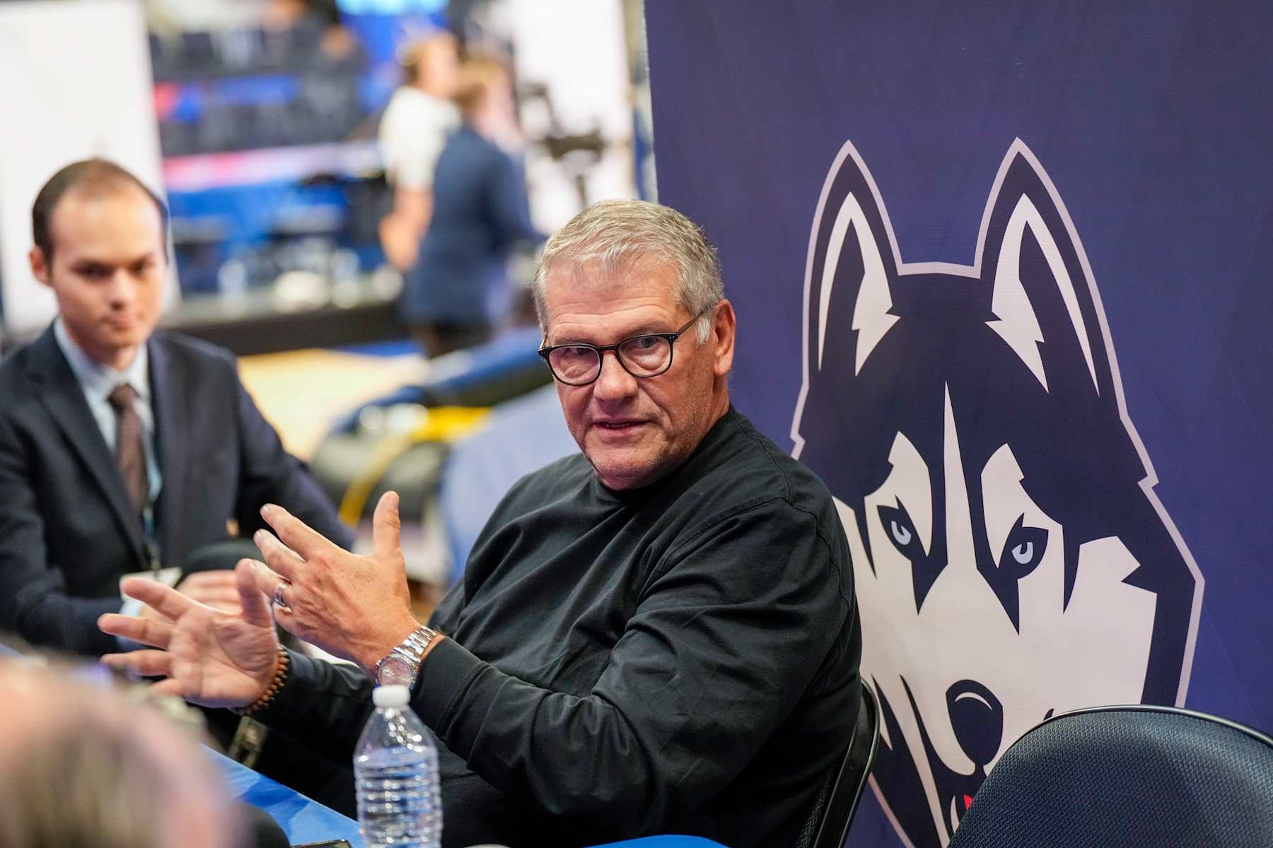 NEW YORK, NY - OCTOBER 23:  UConn Huskies womens head coach Geno Auriemma during Big East Conference Basketball media day at Madison Square Garden on October 23, 2024 in New York City.  (Photo by Porter Binks/Getty Images)