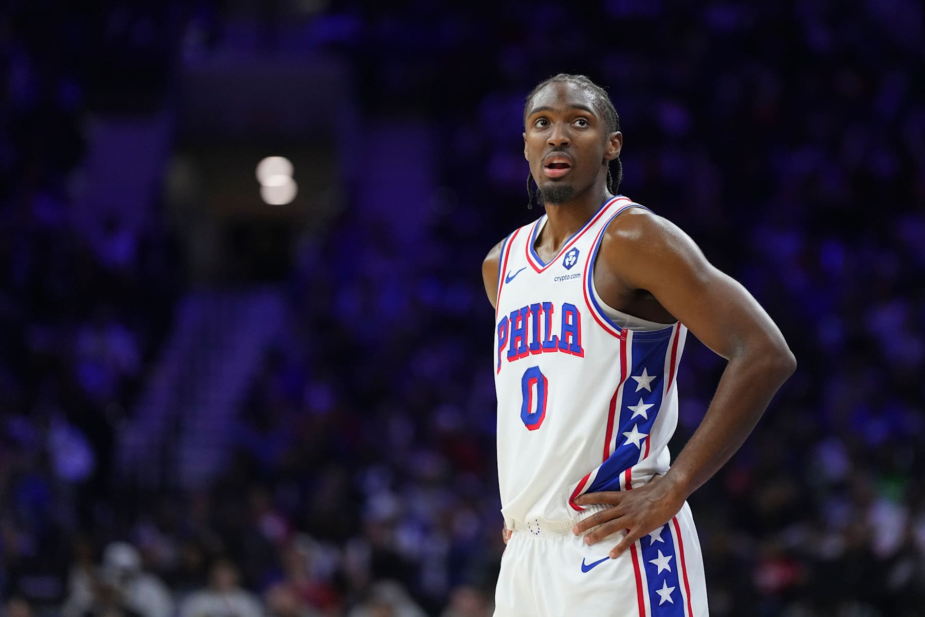 PHILADELPHIA, PENNSYLVANIA - NOVEMBER 2: Tyrese Maxey #0 of the Philadelphia 76ers looks on against the Memphis Grizzlies at the Wells Fargo Center on November 2, 2024 in Philadelphia, Pennsylvania. The Grizzlies defeated the 76ers 124-107. NOTE TO USER: User expressly acknowledges and agrees that, by downloading and/or using this photograph, user is consenting to the terms and conditions of the Getty Images License Agreement. (Photo by Mitchell Leff/Getty Images)