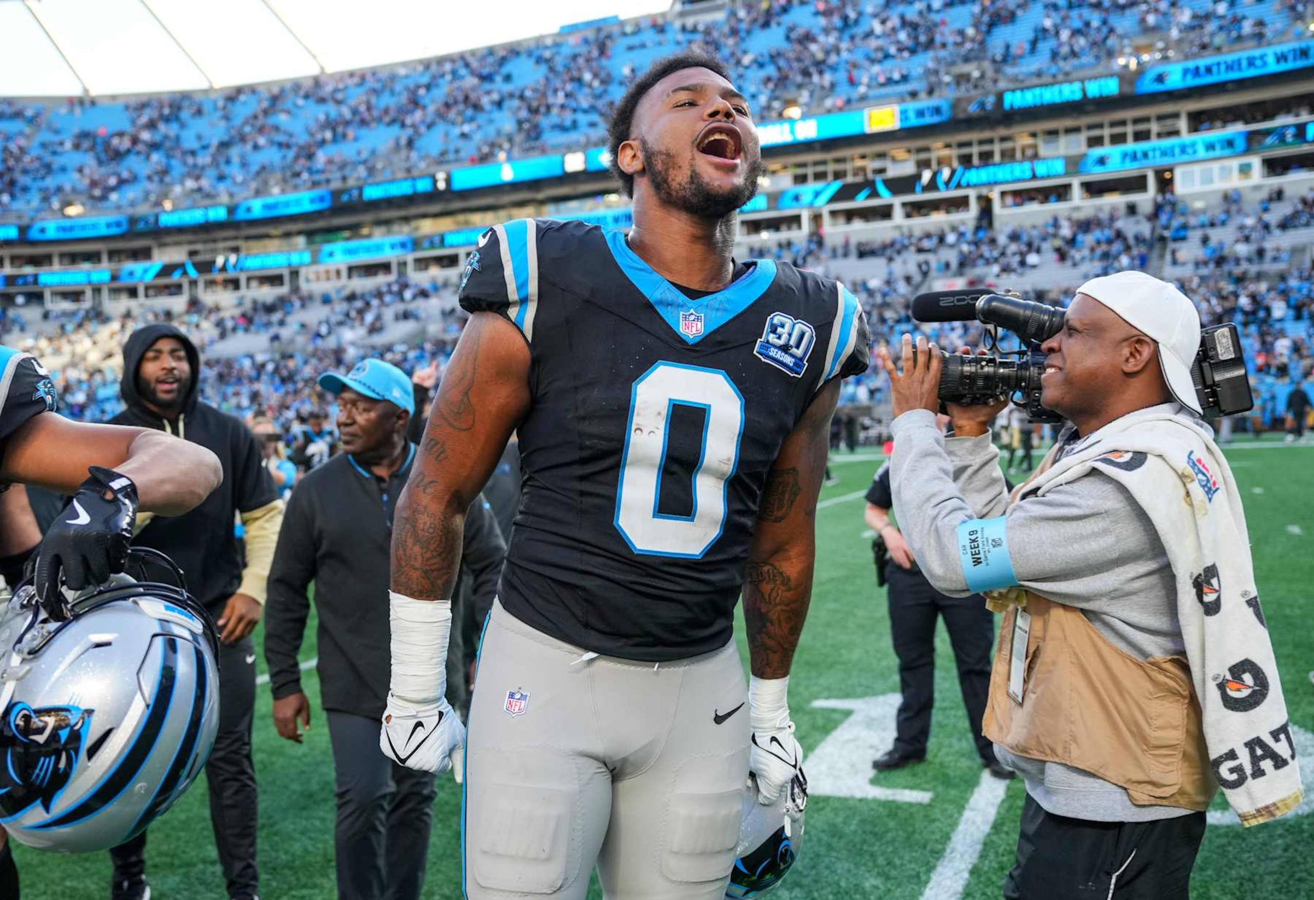 CHARLOTTE, NORTH CAROLINA - NOVEMBER 03: Ja'Tavion Sanders #0 of the Carolina Panthers celebrates after a win against the New Orleans Saints at Bank of America Stadium on November 03, 2024 in Charlotte, North Carolina. (Photo by Grant Halverson/Getty Images)