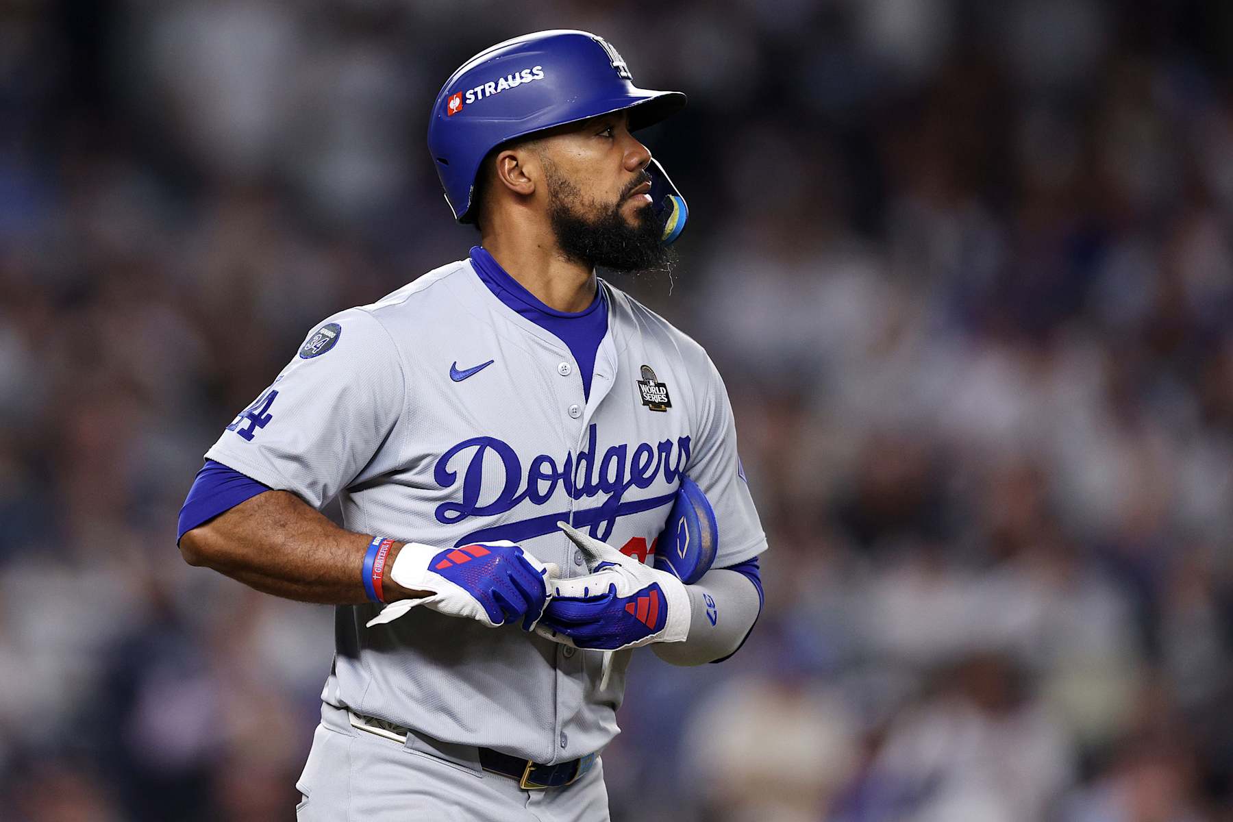 NEW YORK, NEW YORK - OCTOBER 30:  Teoscar Hernández #37 of the Los Angeles Dodgers walks during the seventh inning of Game Five of the 2024 World Series against the New York Yankees at Yankee Stadium on October 30, 2024 in the Bronx borough of New York City. (Photo by Elsa/Getty Images)