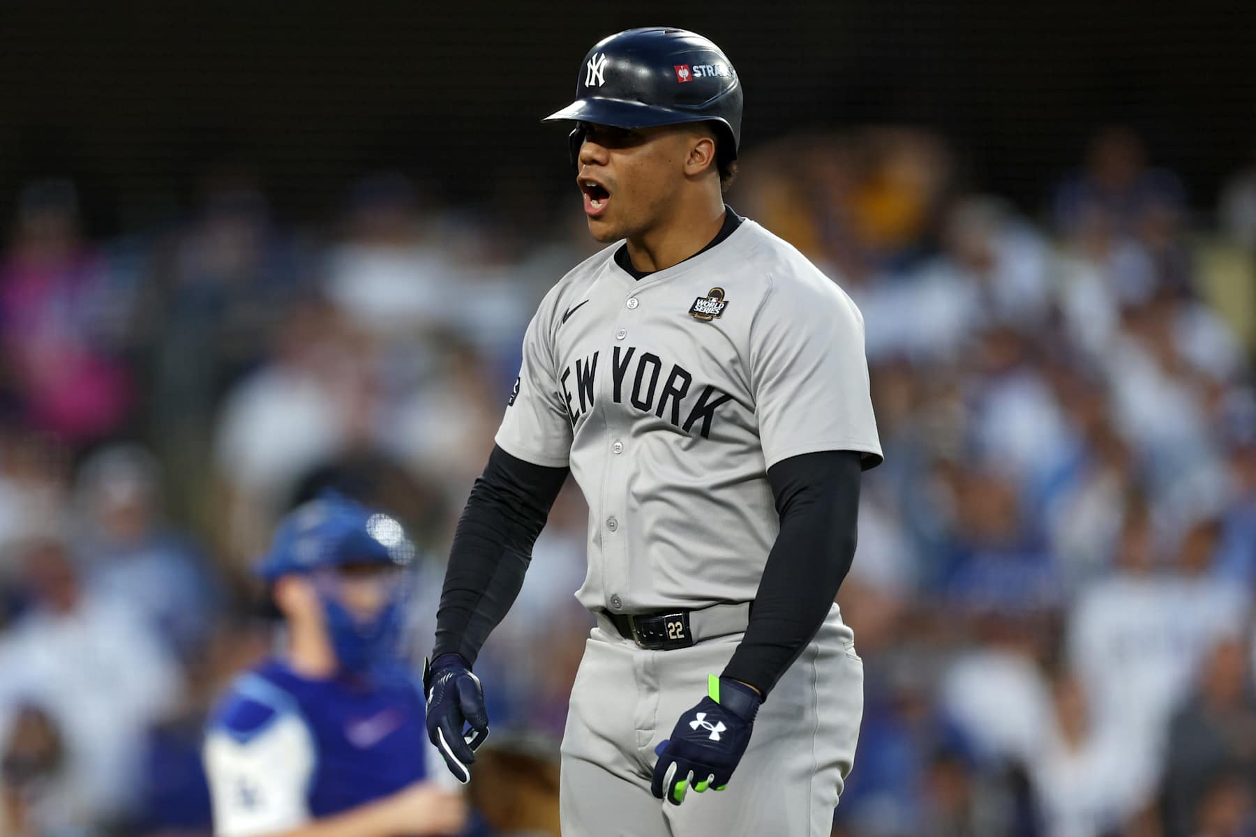 LOS ANGELES, CALIFORNIA - OCTOBER 26: Juan Soto #22 of the New York Yankees celebrates as he runs the bases after hitting a home run against the Los Angeles Dodgers in the third inning during Game Two of the 2024 World Series at Dodger Stadium on October 26, 2024 in Los Angeles, California. (Photo by Harry How/Getty Images)